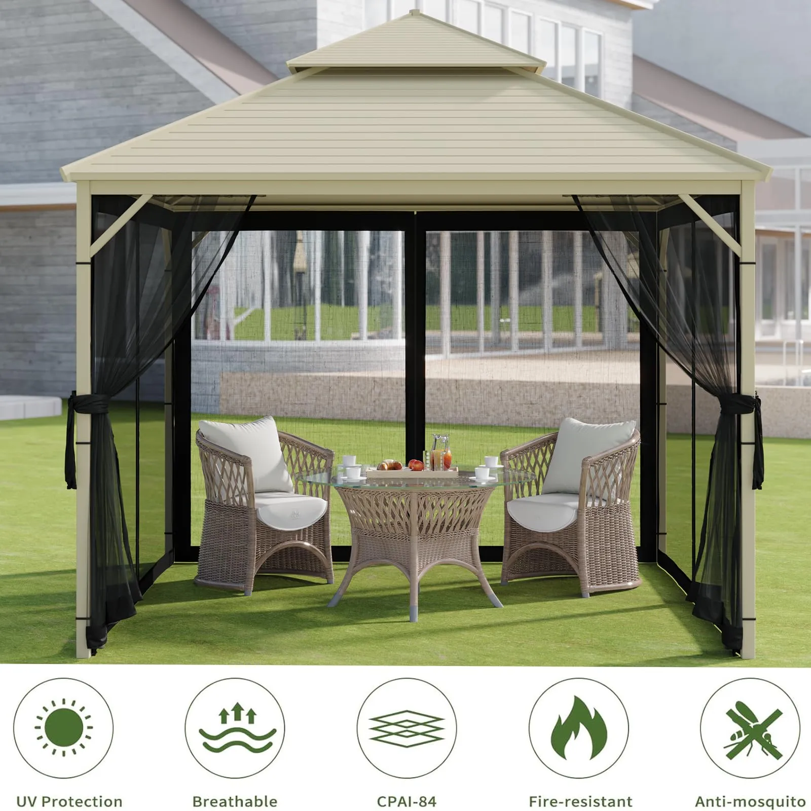 10'x10' Gazebo Replacement Mosquito Netting, Outdoor Universal Canopy Net Screen 4-Panel Sidewall Gazebo Curtains with Zipper for Patio Garden Yard Backyard (Mosquito Net Only)