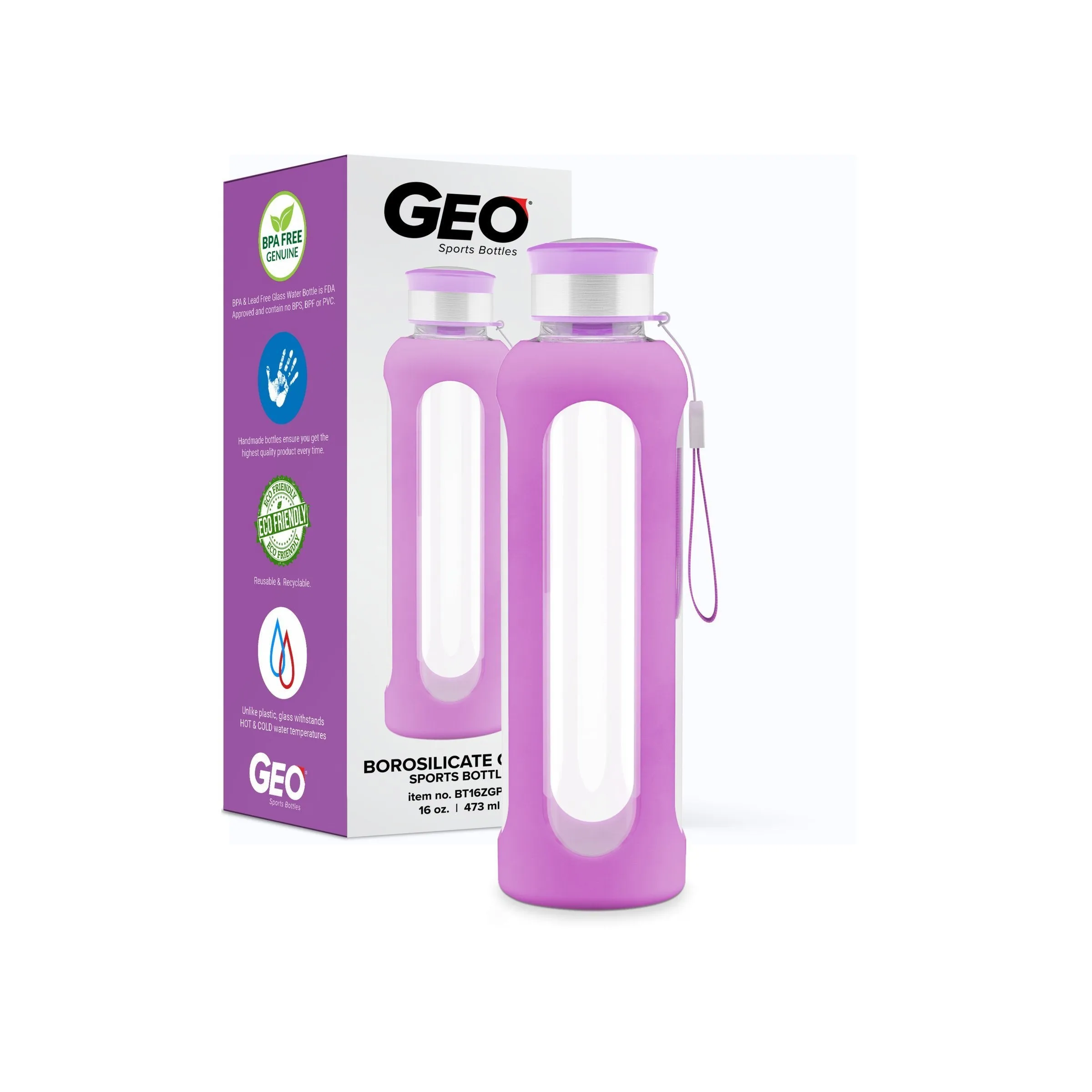 16 Ounce Glass Water Bottle, Sports Bottle, with Protective Sleeve, GEO