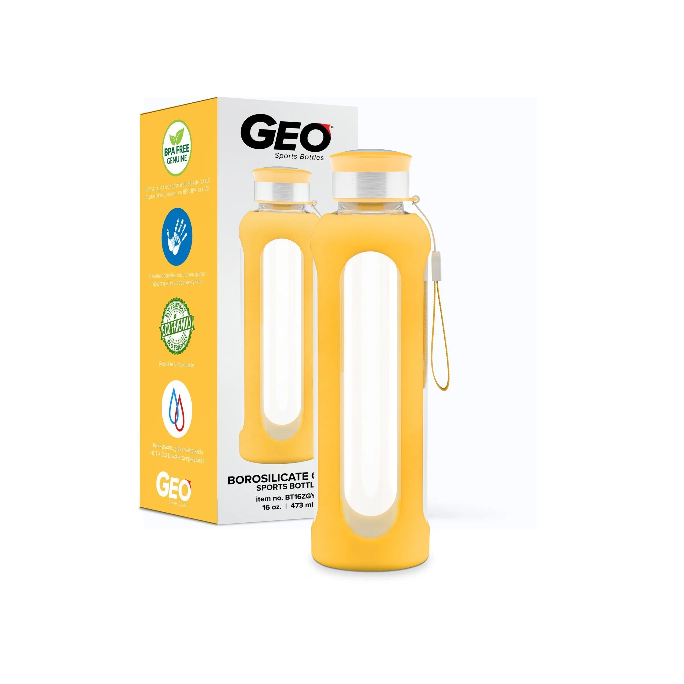 16 Ounce Glass Water Bottle, Sports Bottle, with Protective Sleeve, GEO