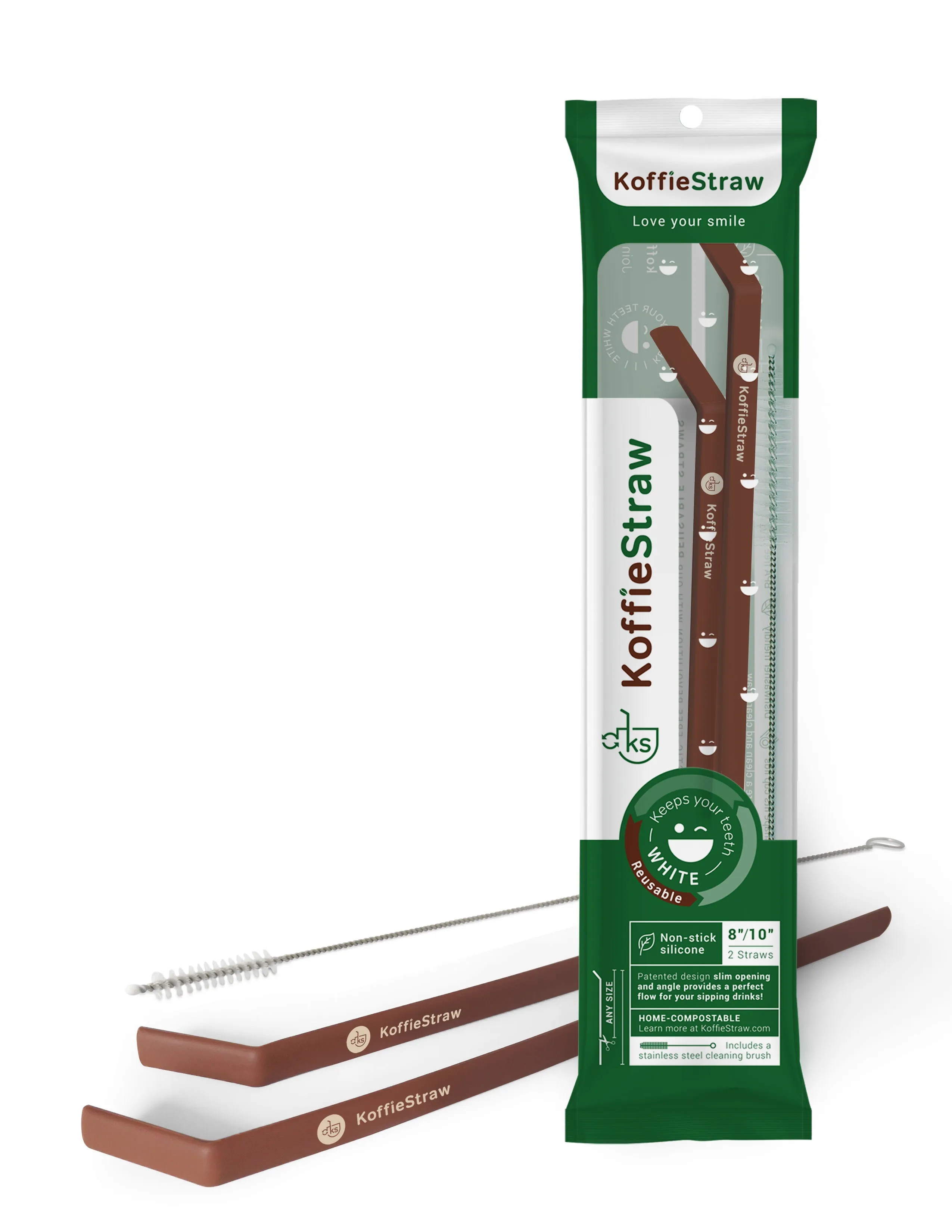 2-Pack of KoffieStraw: Mocha 10"   Mocha 8" with a stainless steeling cleaning brush in home-compostable packaging