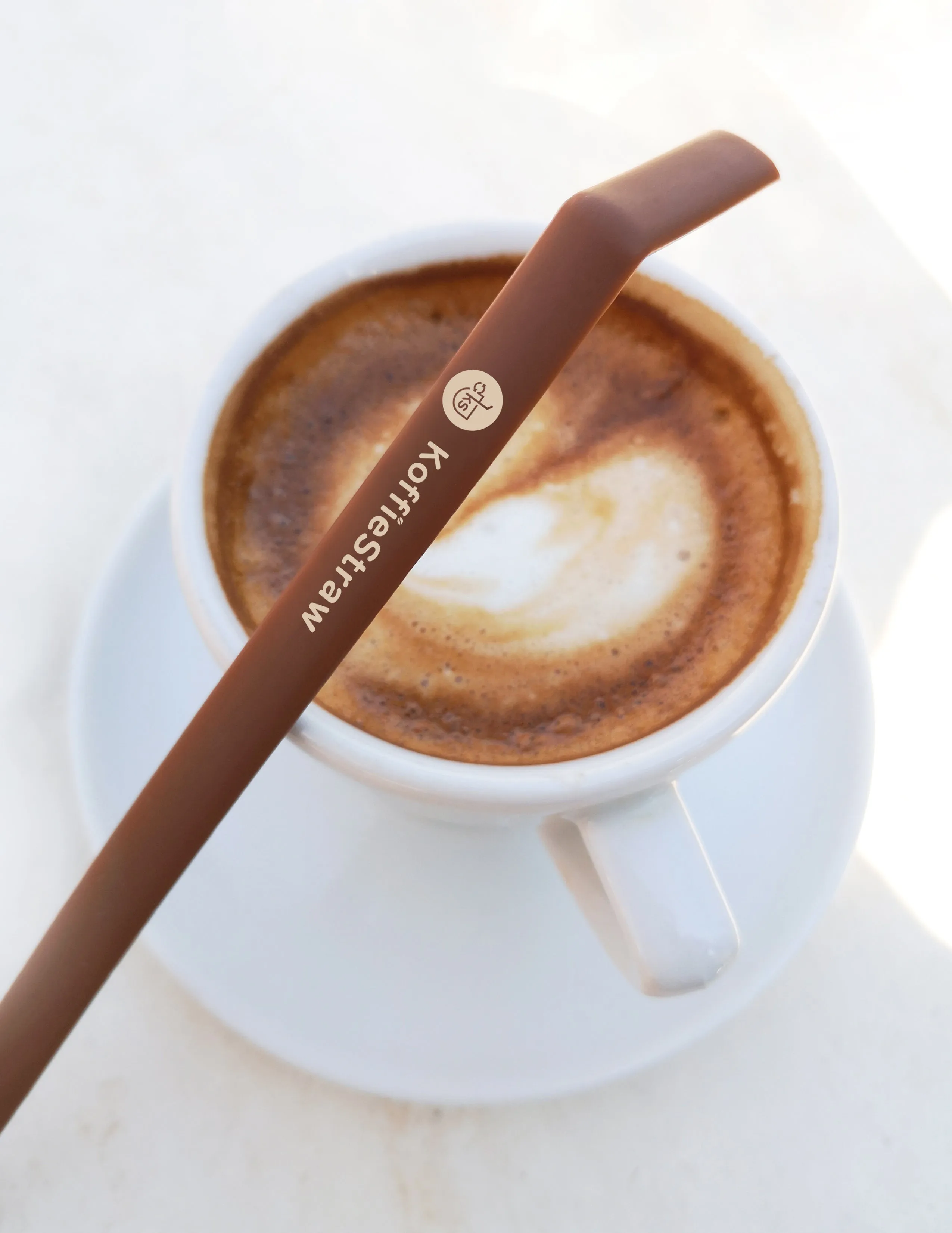 2-Pack of KoffieStraw: Mocha 10"   Mocha 8" with a stainless steeling cleaning brush in home-compostable packaging