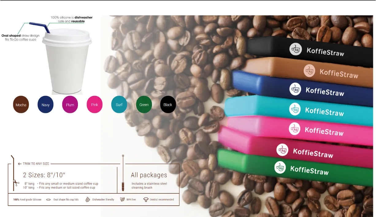 2-Pack of KoffieStraw: Mocha 10"   Mocha 8" with a stainless steeling cleaning brush in home-compostable packaging