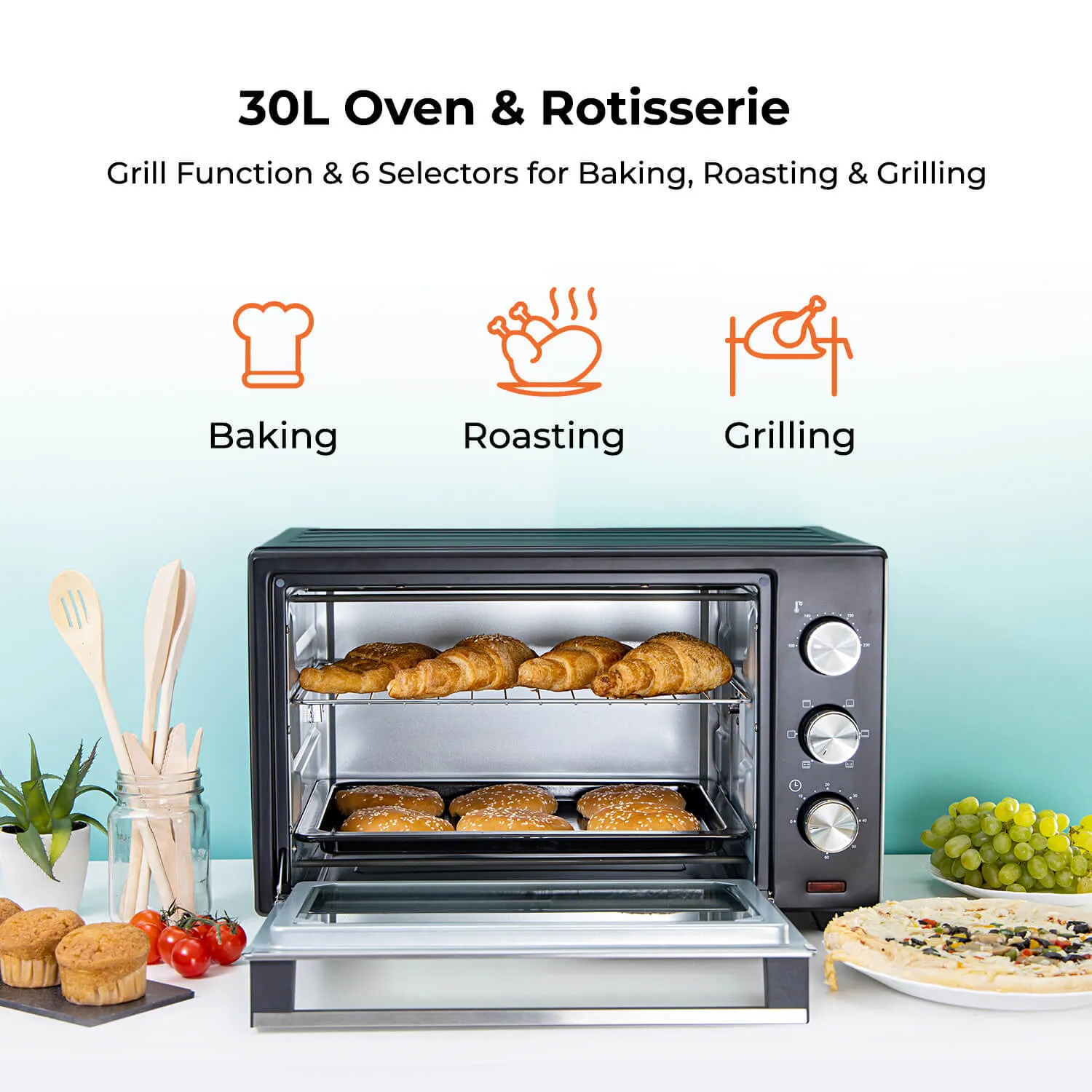 30L Electric Mini Oven and Grill Cooker With Rotisserie