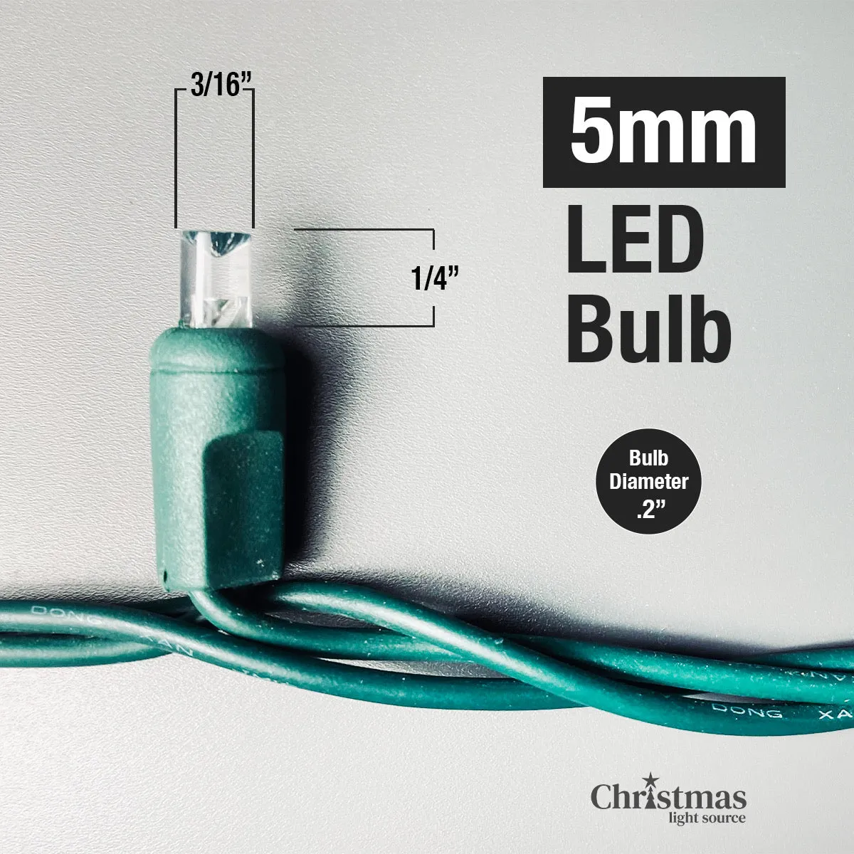 50-light  Teal 5mm LED Christmas Lights, 4" Spacing Green Wire