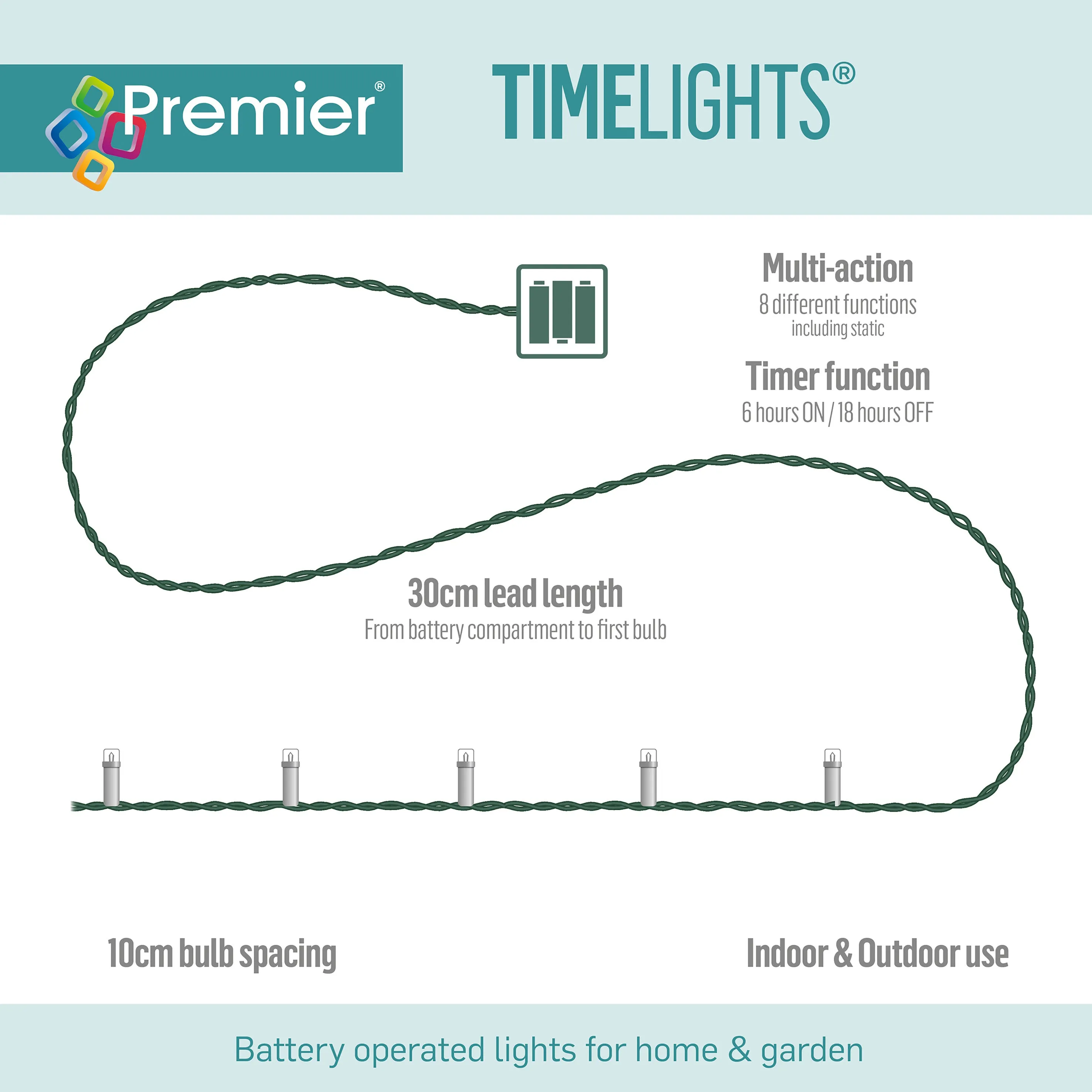 50 Multi Action Battery Operated LED Lights Clear Cable with Timer- White