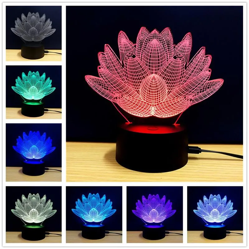 7 Color Changing Touch Lotus 3D Colorful Night Light Strange Stereoscopic Visual Illusion LED Lamp