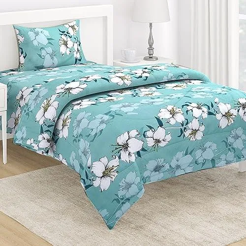 AC Comforter and Bedding Set for Single Bed, Hibiscus Floral Turquoise