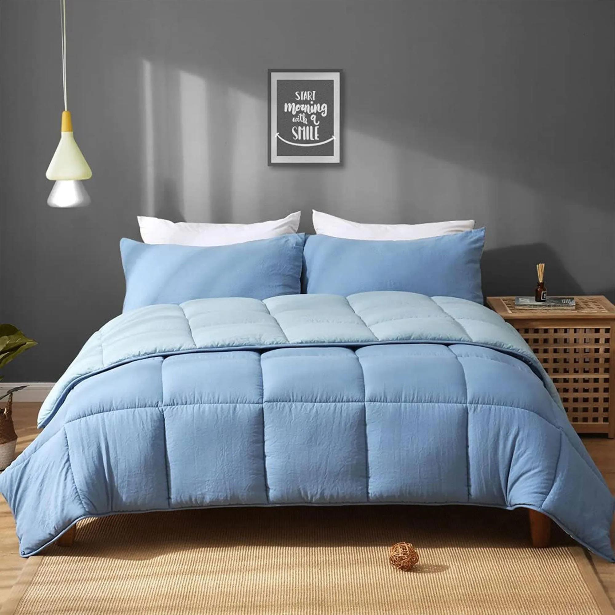 APSMILE Reversible All Season Down Alternative Full King Comforter, Light Blue