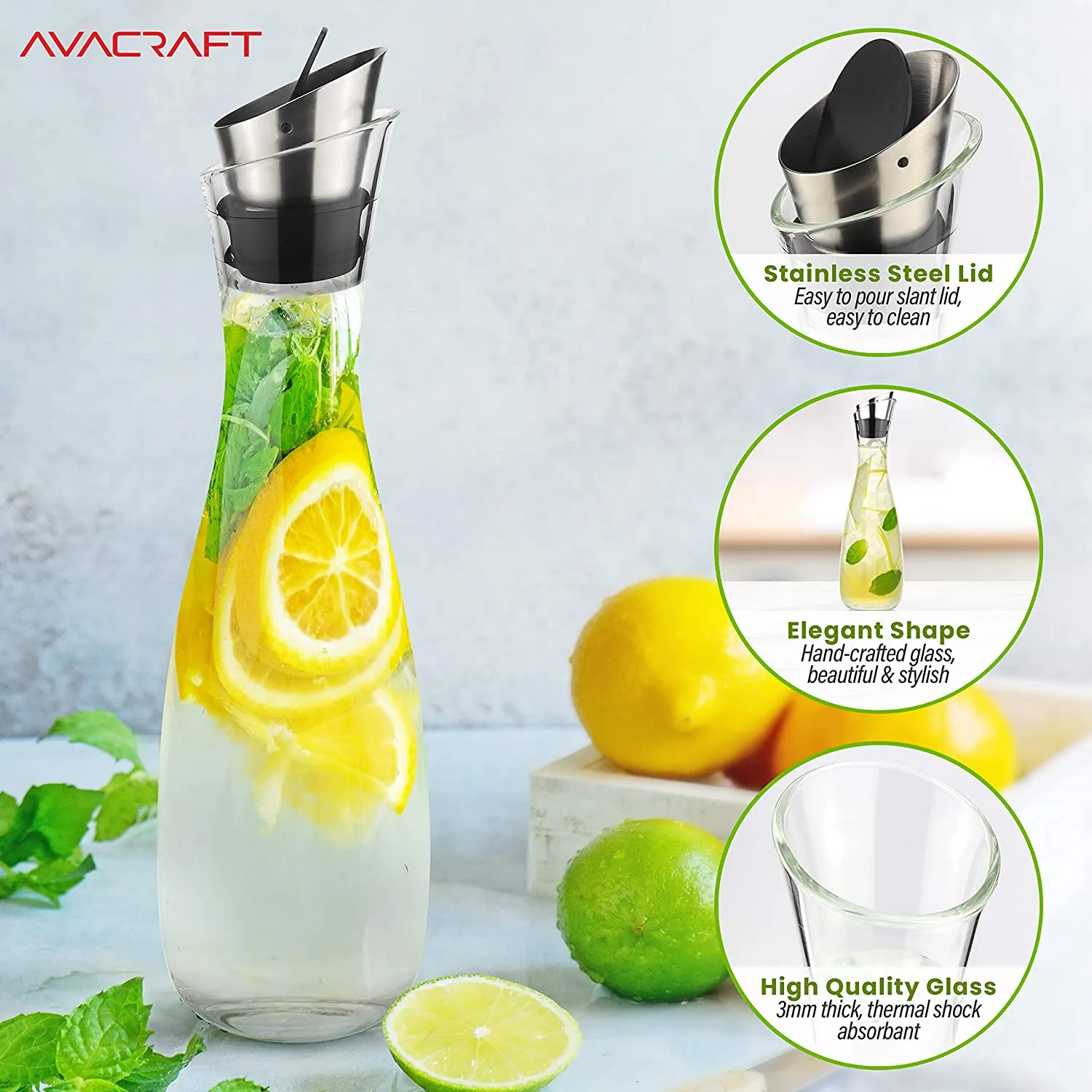 AVACRAFT Glass Carafe, Strong 3mm Thick, Hot and Cold Water Glass Pitcher with Lid and Spout, Hand Crafted, Juice Jar, 40 Oz