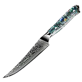 Awabi Steak Knife - Complete Knife with Abalone in Resin Handles and Mosaic Pin - AUS-10 Damascus Steel