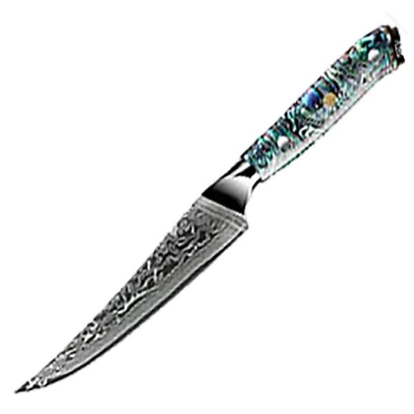 Awabi Steak Knife - Complete Knife with Abalone in Resin Handles and Mosaic Pin - AUS-10 Damascus Steel