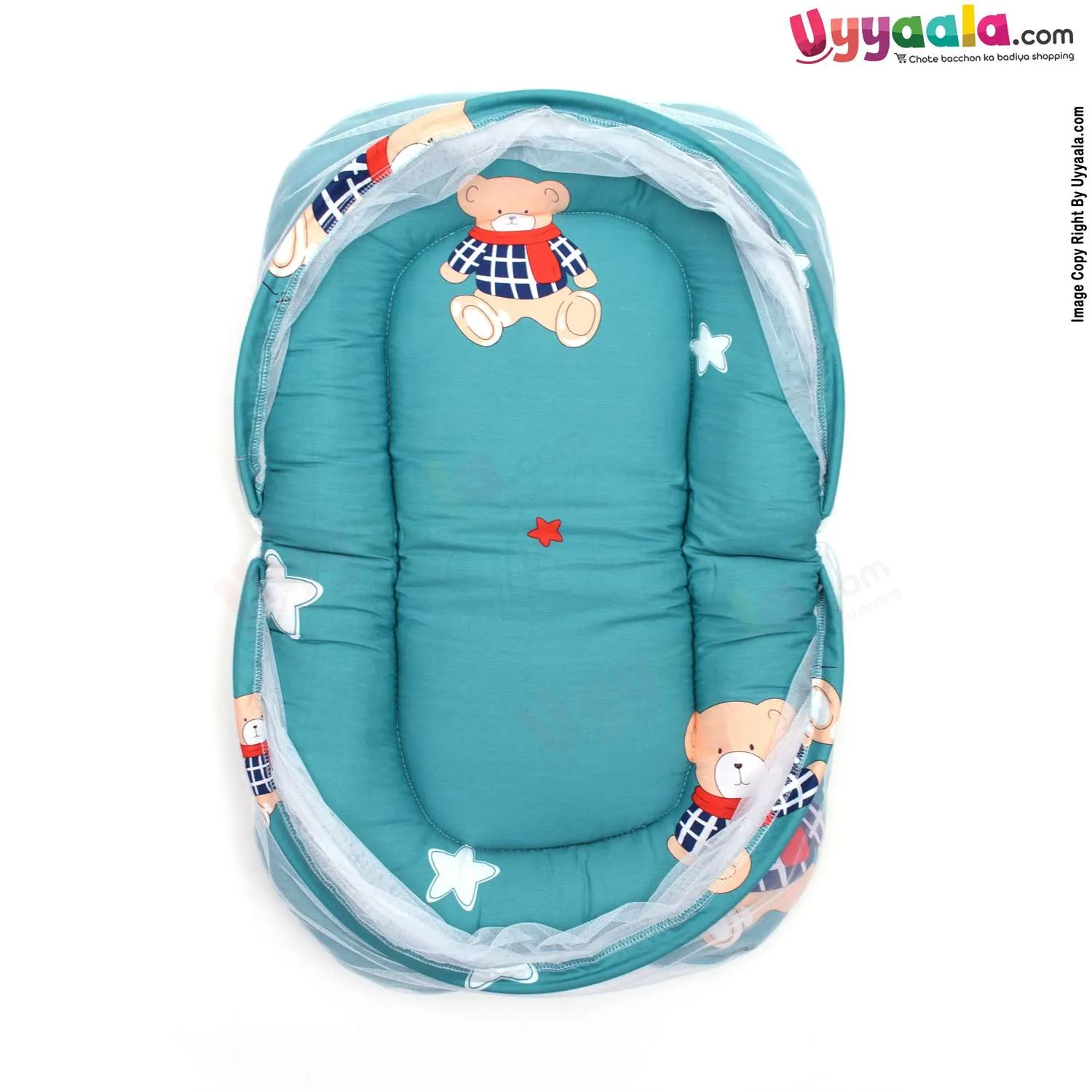 Baby Bedding Set With Mosquito Protection Net & Neck Rest Pillow, Bear Print - Green, (0-12m)