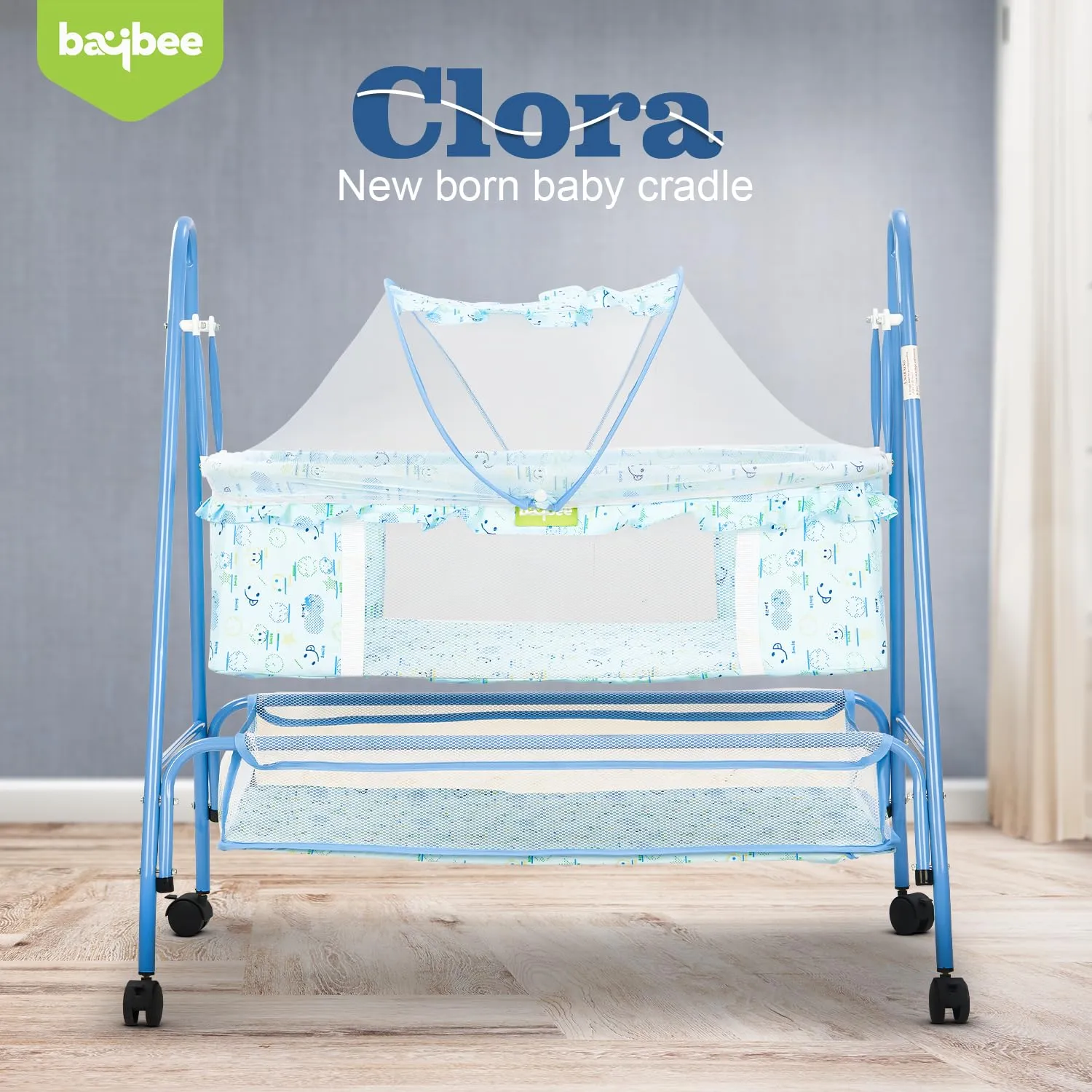 BAYBEE Breezy Baby Swing Cradle for Baby, Jhula Palna for New Born Babies, Baby Bedding Set with Mosquito Net & Storage Basket | Baby Sleeping Swing Cradle for 0 to 12 Month Boys Girls (Light Blue)