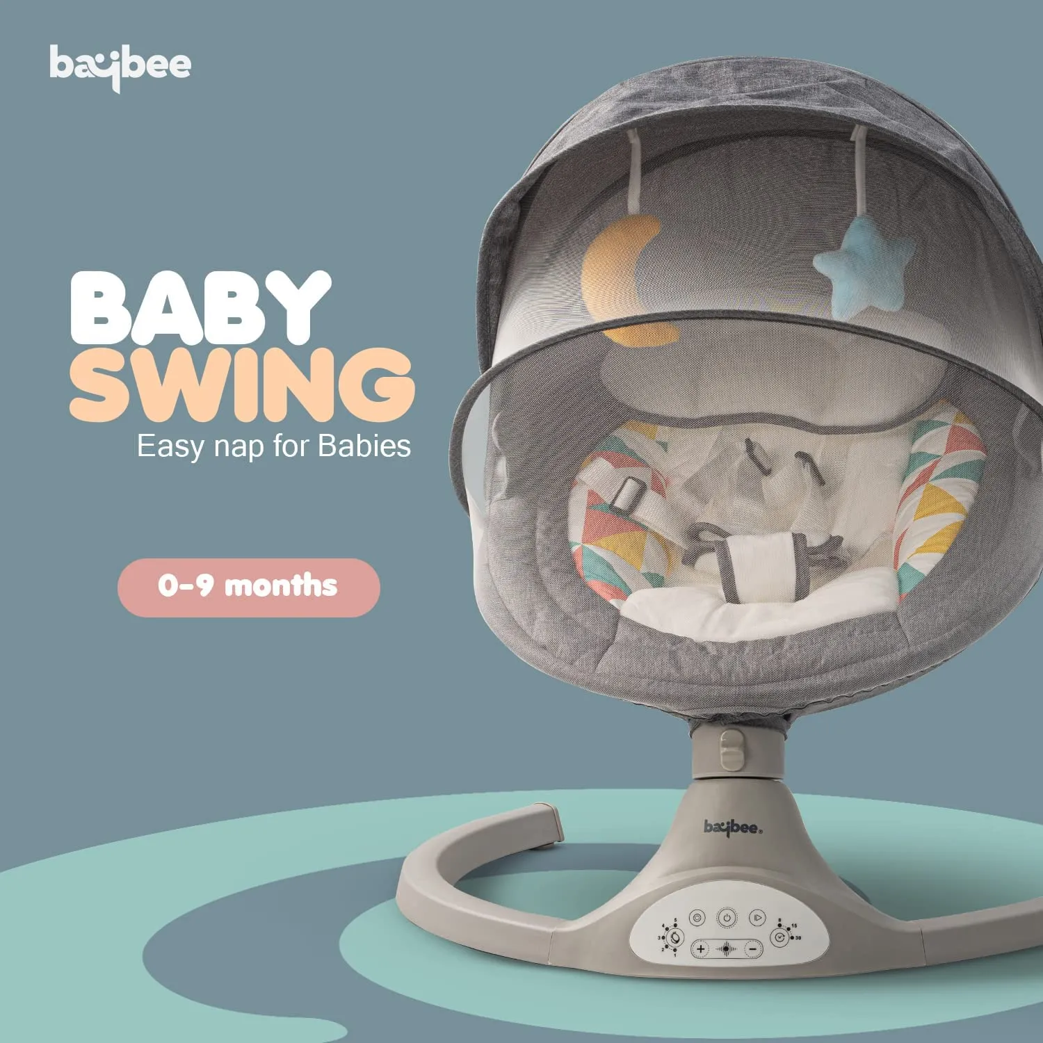 Baybee Premium Automatic Electric Baby Swing Cradle with Adjustable Swing Speed, Soothing Music | Baby Rocker with Mosquito Net, Safety Belt & Removable Toys Swing for Baby (Lite Grey)