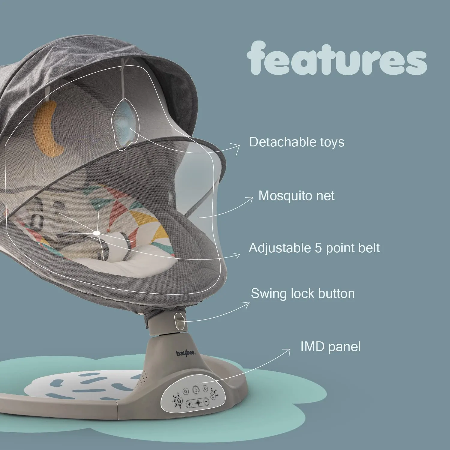 Baybee Premium Automatic Electric Baby Swing Cradle with Adjustable Swing Speed, Soothing Music | Baby Rocker with Mosquito Net, Safety Belt & Removable Toys Swing for Baby (Lite Grey)