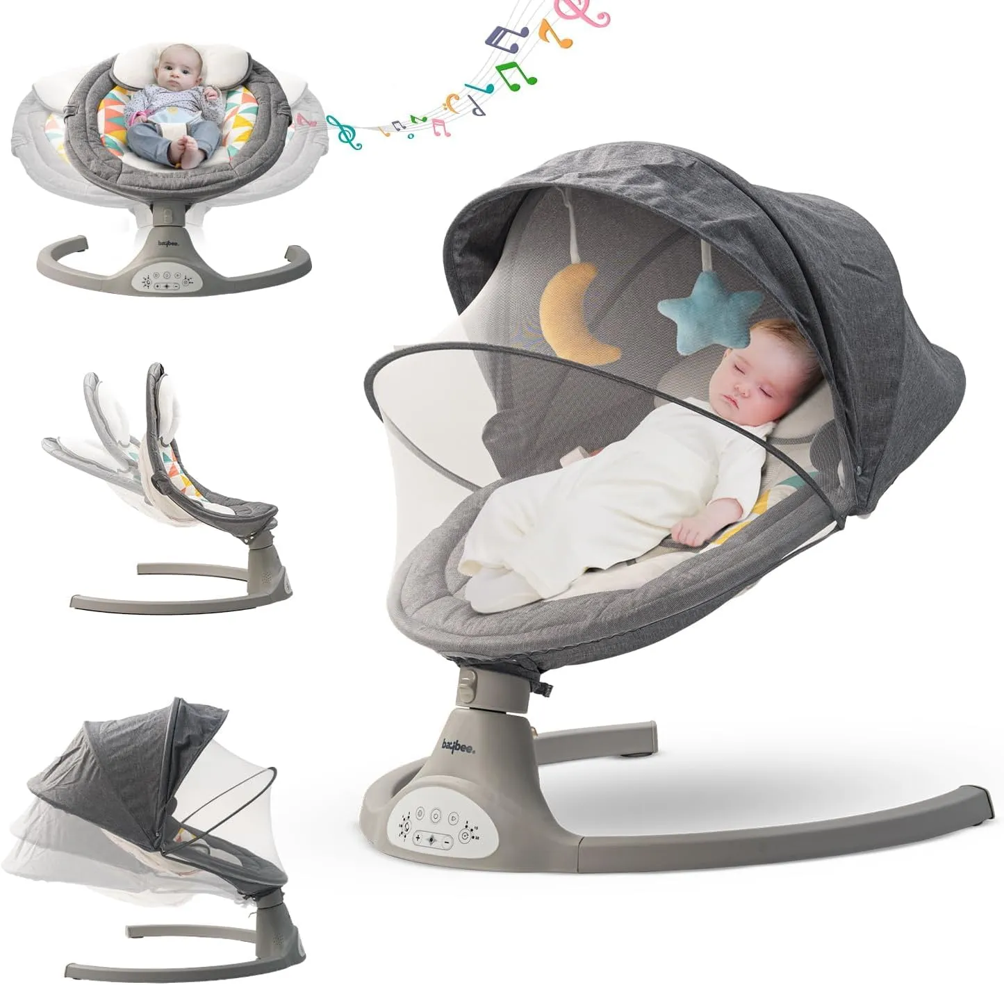 Baybee Premium Automatic Electric Baby Swing Cradle with Adjustable Swing Speed, Soothing Music | Baby Rocker with Mosquito Net, Safety Belt & Removable Toys Swing for Baby (Lite Grey)