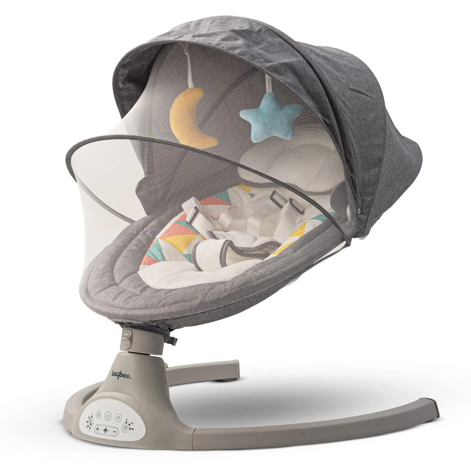 Baybee Premium Automatic Electric Baby Swing Cradle with Adjustable Swing Speed, Soothing Music | Baby Rocker with Mosquito Net, Safety Belt & Removable Toys Swing for Baby (Lite Grey)