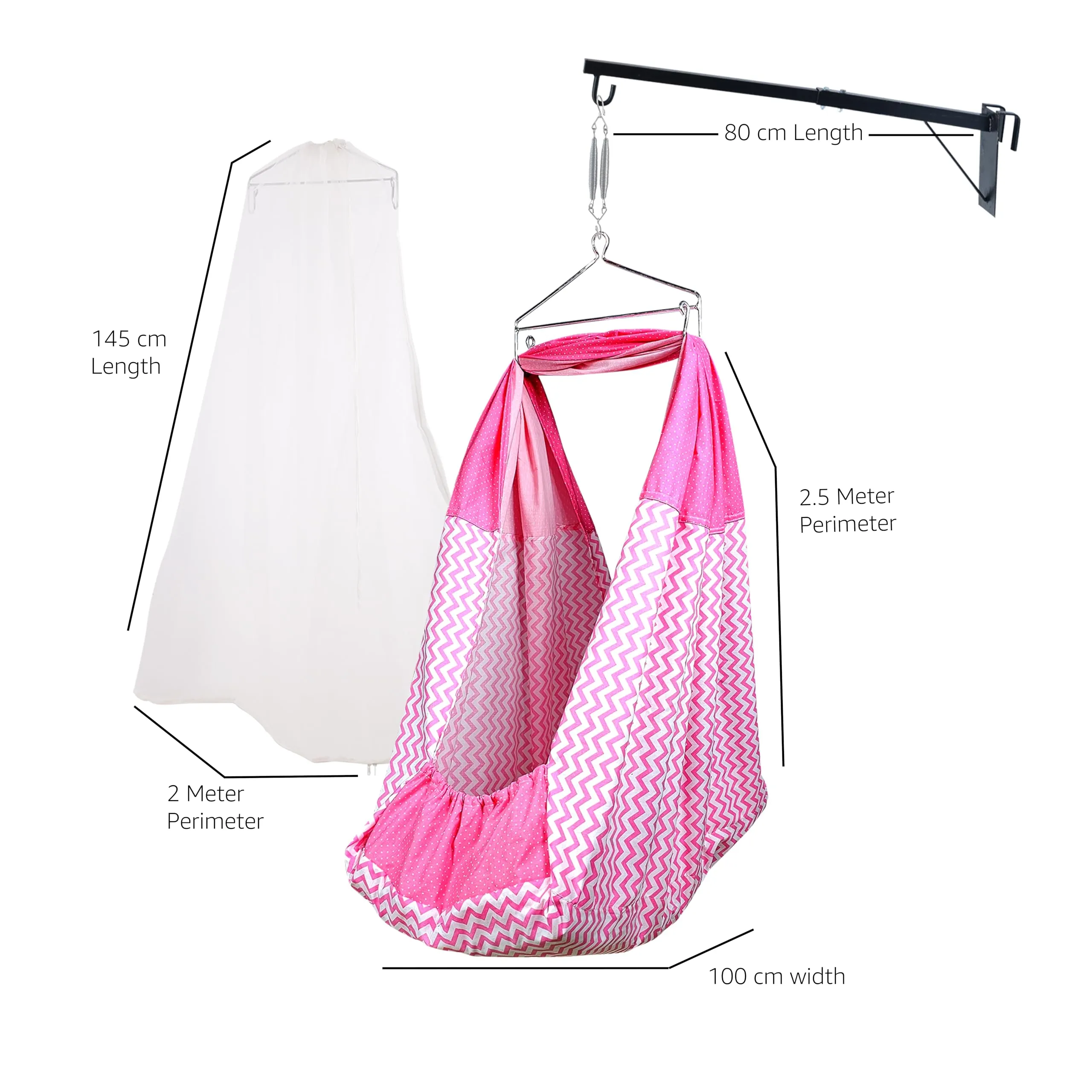 Beetot New Born Baby Swing Cradle (Jhula) Set | Cradle Swing, Mosquito Net, Spring, Triangle Hanger, Window Hanger | Weight Capacity Up To 20Kg | Age From 0-12 Months | Jhula (Pink) - Cotton