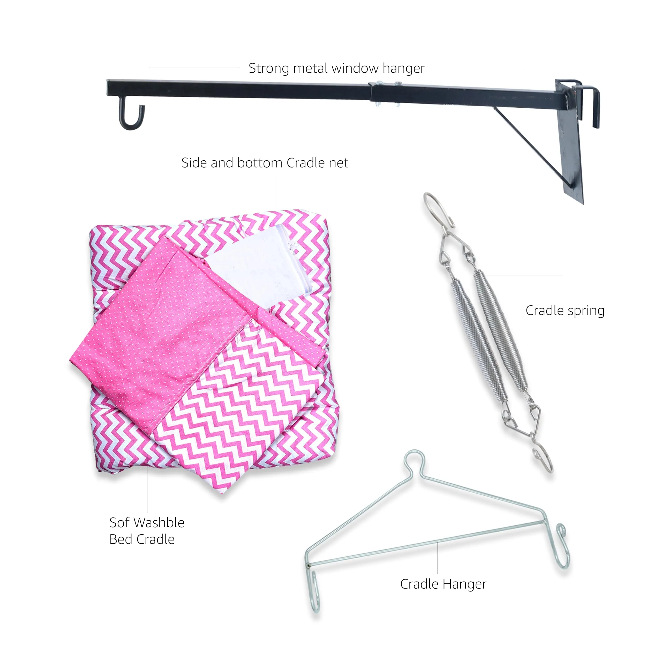 Beetot New Born Baby Swing Cradle (Jhula) Set | Cradle Swing, Mosquito Net, Spring, Triangle Hanger, Window Hanger | Weight Capacity Up To 20Kg | Age From 0-12 Months | Jhula (Pink) - Cotton