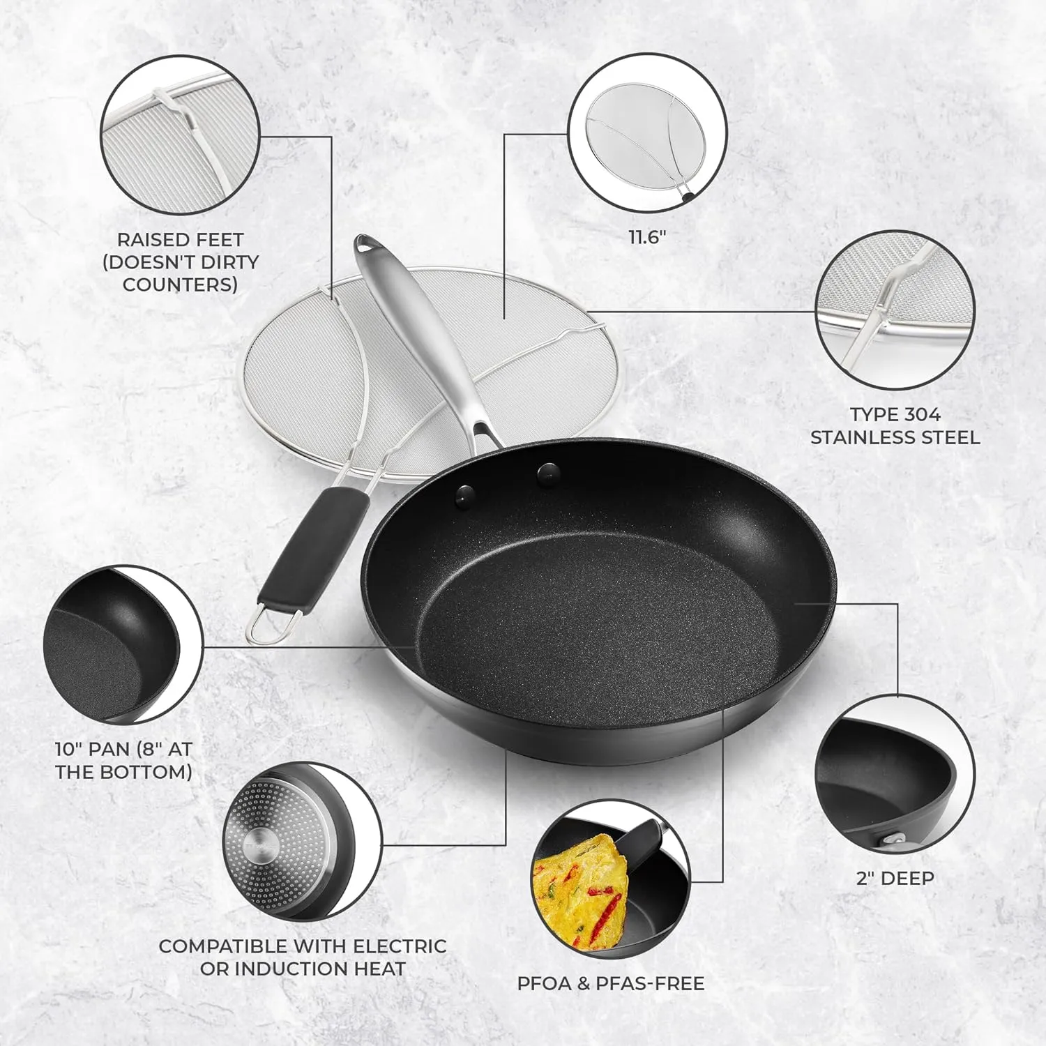 Belwares Lightweight Aluminum 10" Non Stick Frying Pan with Lid Splatter Screen & Spatula