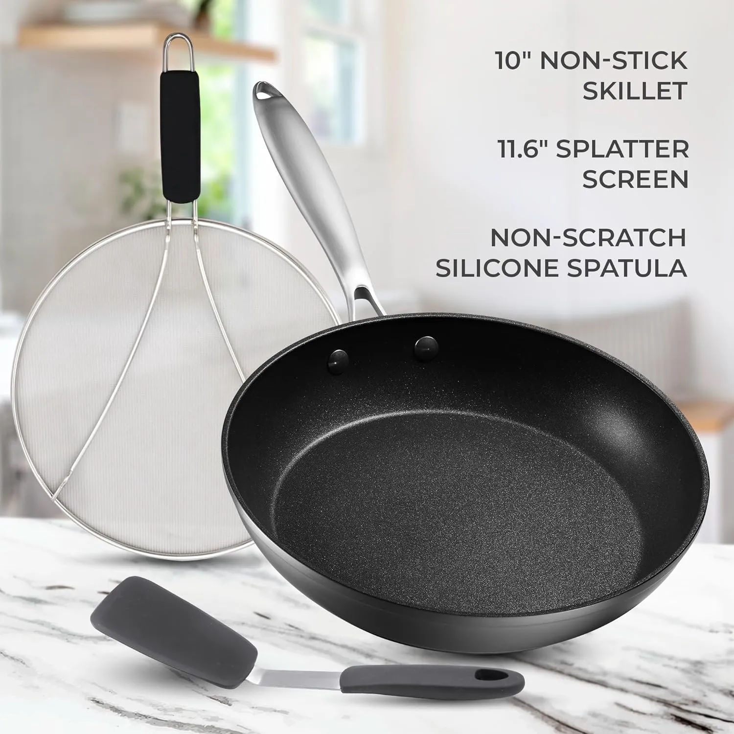 Belwares Lightweight Aluminum 10" Non Stick Frying Pan with Lid Splatter Screen & Spatula