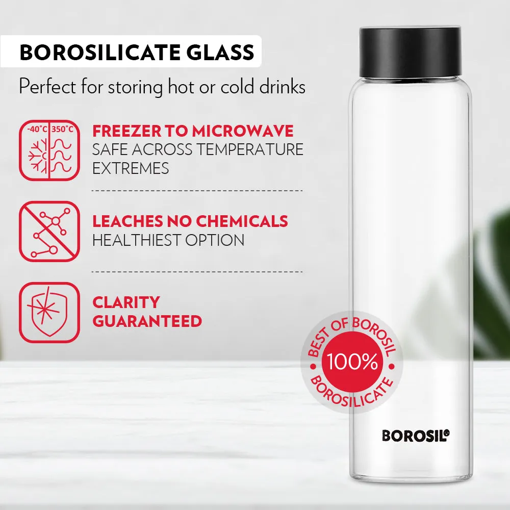 Borosil Crysto Wide Glass Bottle 1.0 L w Black Lid