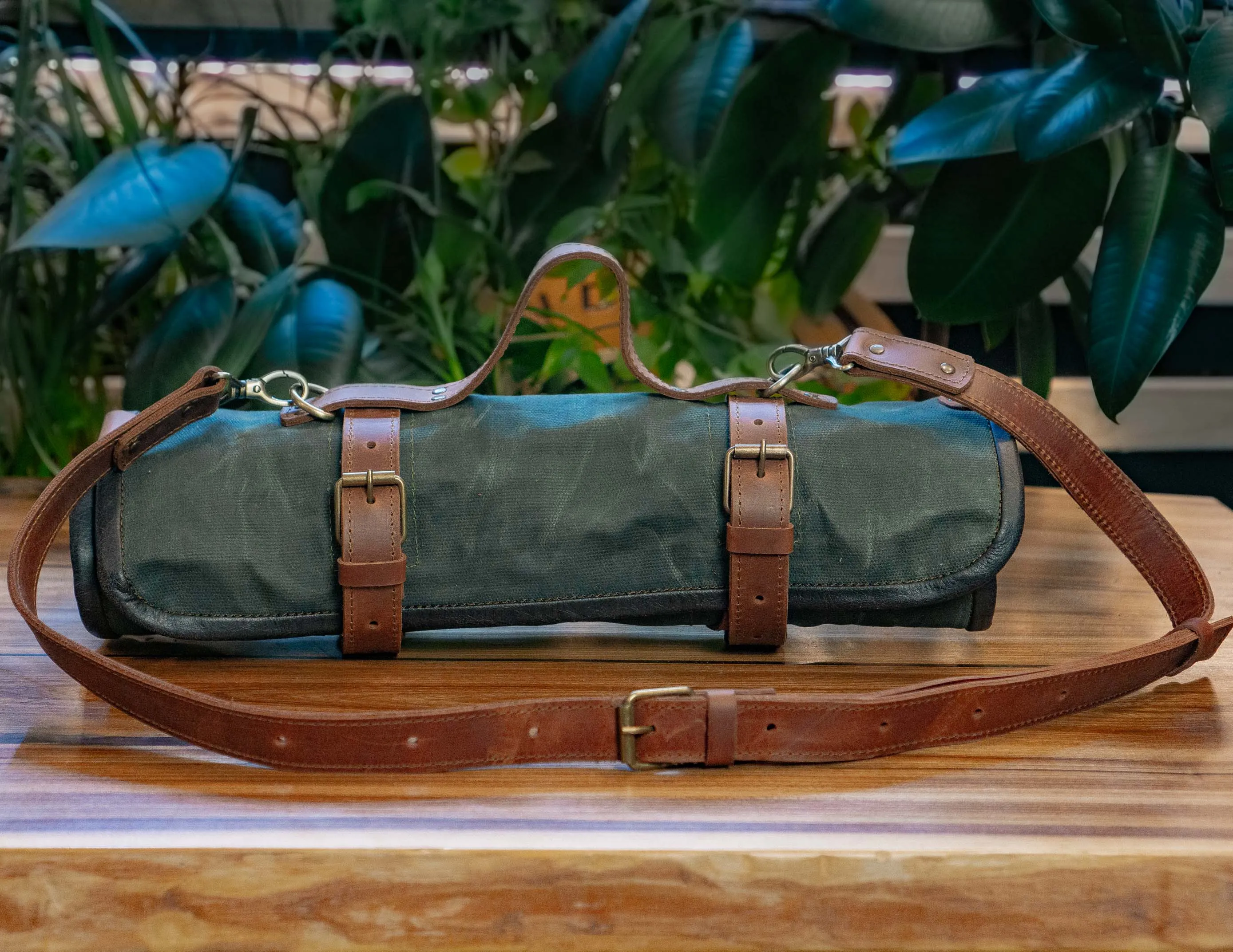 Chefs Knife Roll with Initials | Waxed Canvas | Shoulder Leather Strap