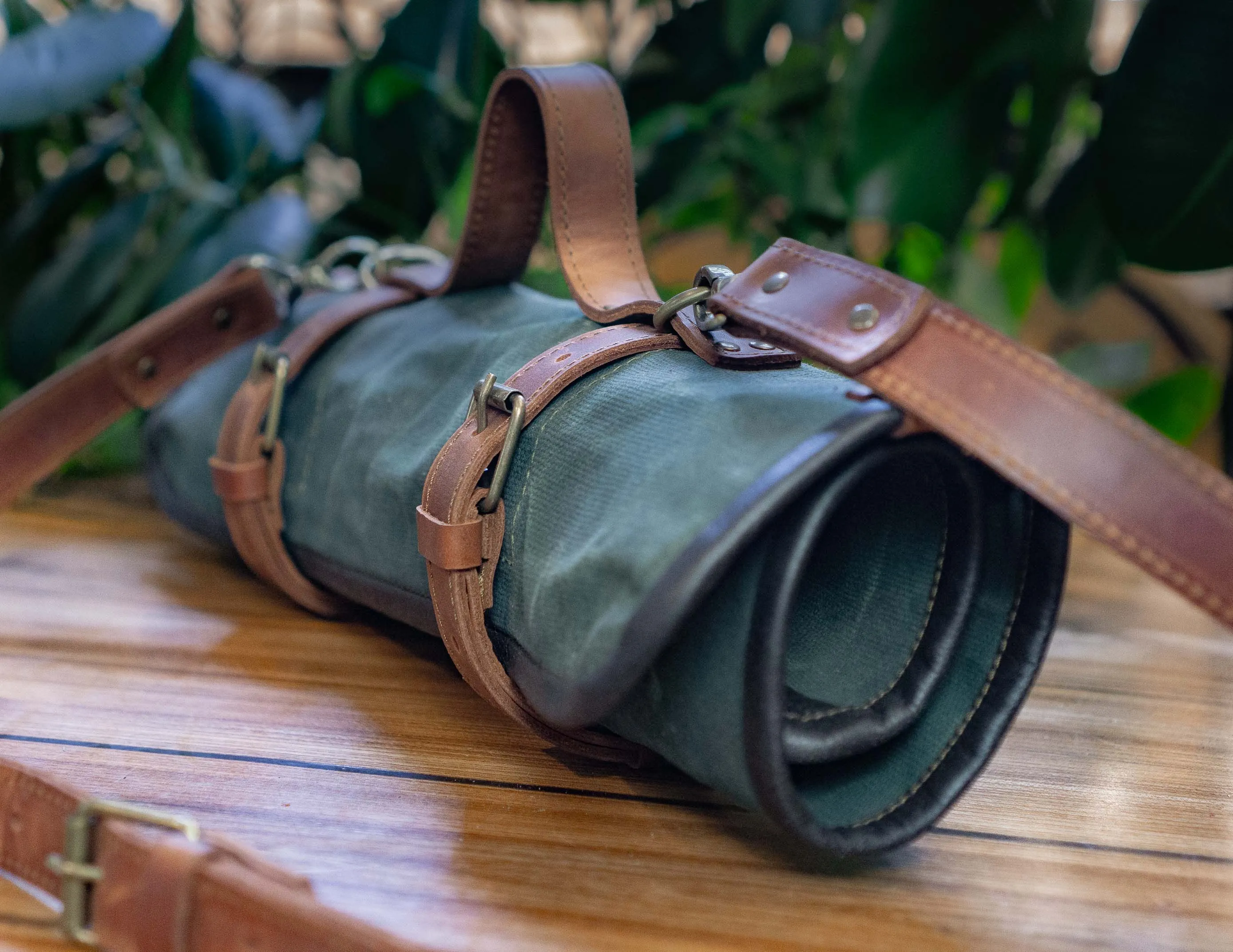 Chefs Knife Roll with Initials | Waxed Canvas | Shoulder Leather Strap