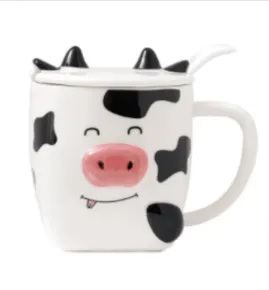 Cow Ceramic Coffee Mug with Lid and Spoon