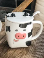 Cow Ceramic Coffee Mug with Lid and Spoon