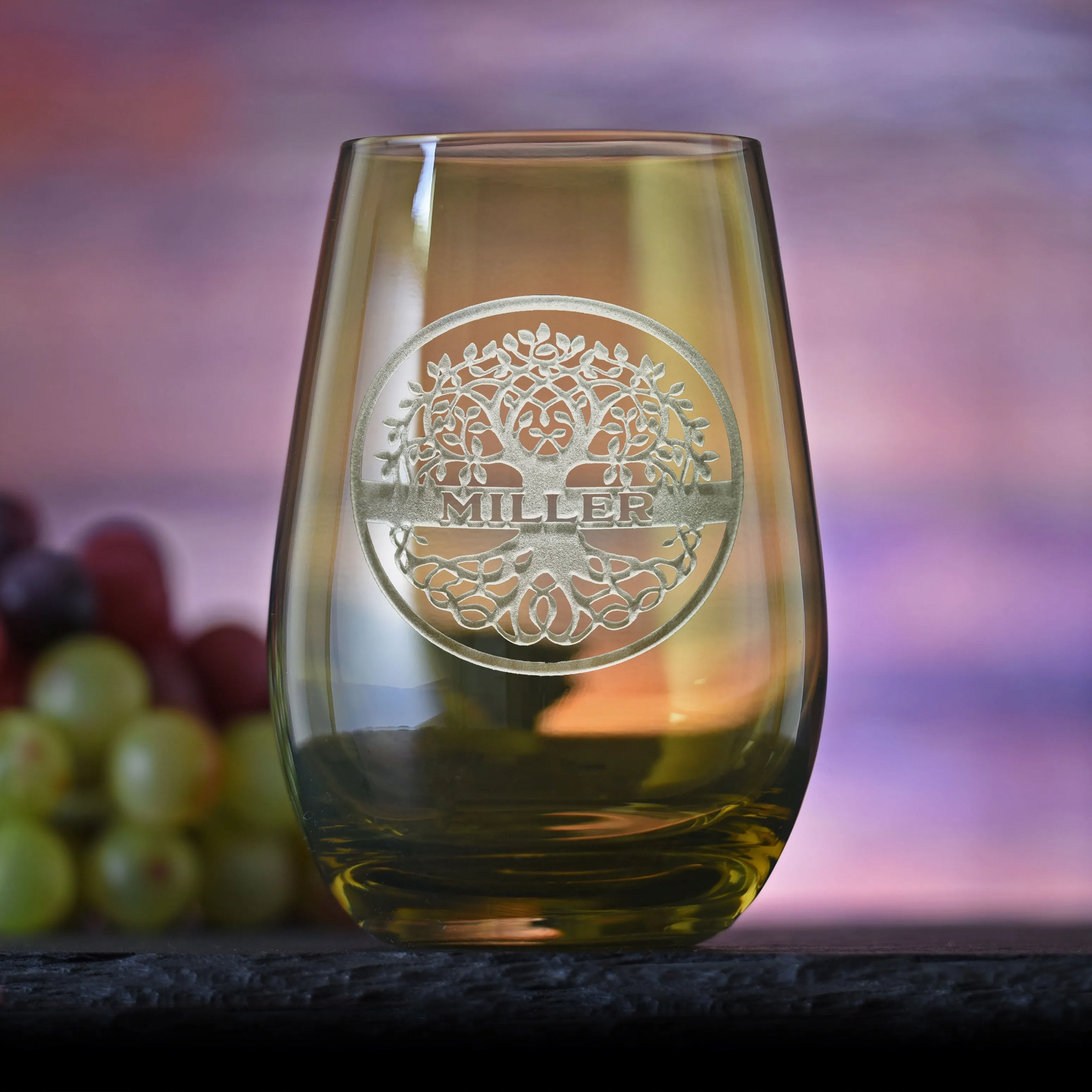 Custom Family Tree Green Stemless Wine Glass Tumbler by Crystal Imagery