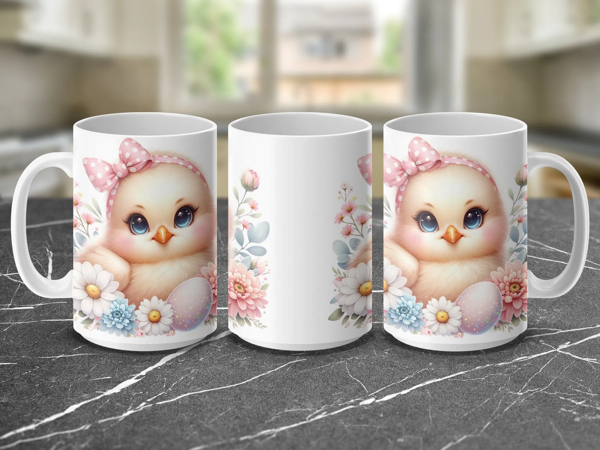 Cute Chick Mug, Spring Flowers and Polka Dot Egg Coffee Cup, Easter Gift, Pink Bow Chickadee