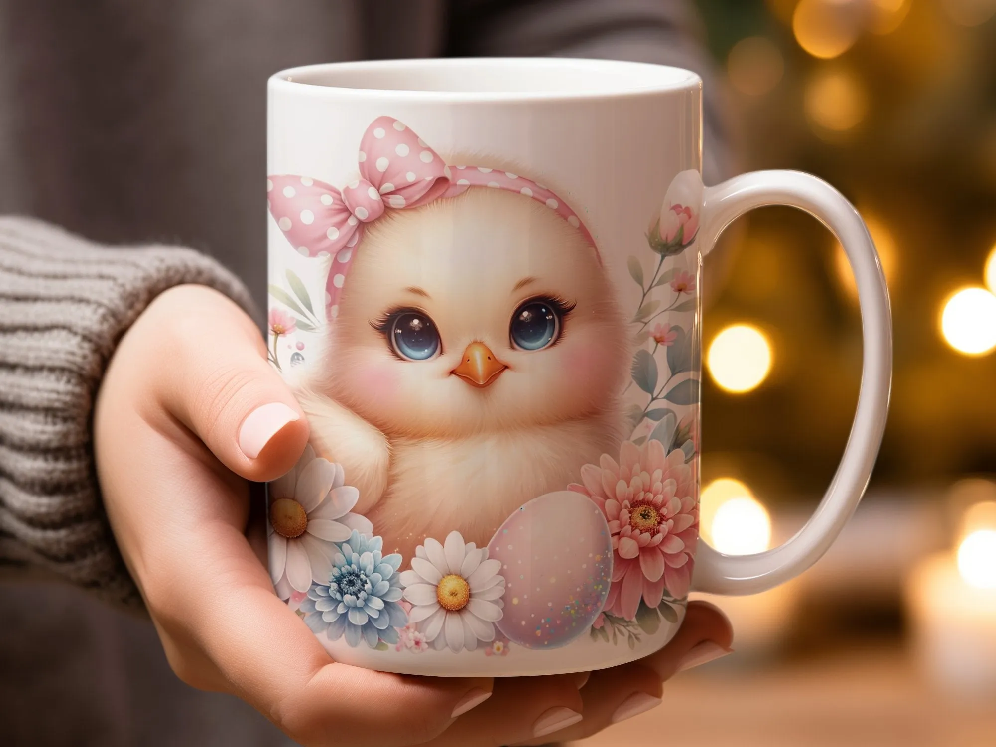 Cute Chick Mug, Spring Flowers and Polka Dot Egg Coffee Cup, Easter Gift, Pink Bow Chickadee