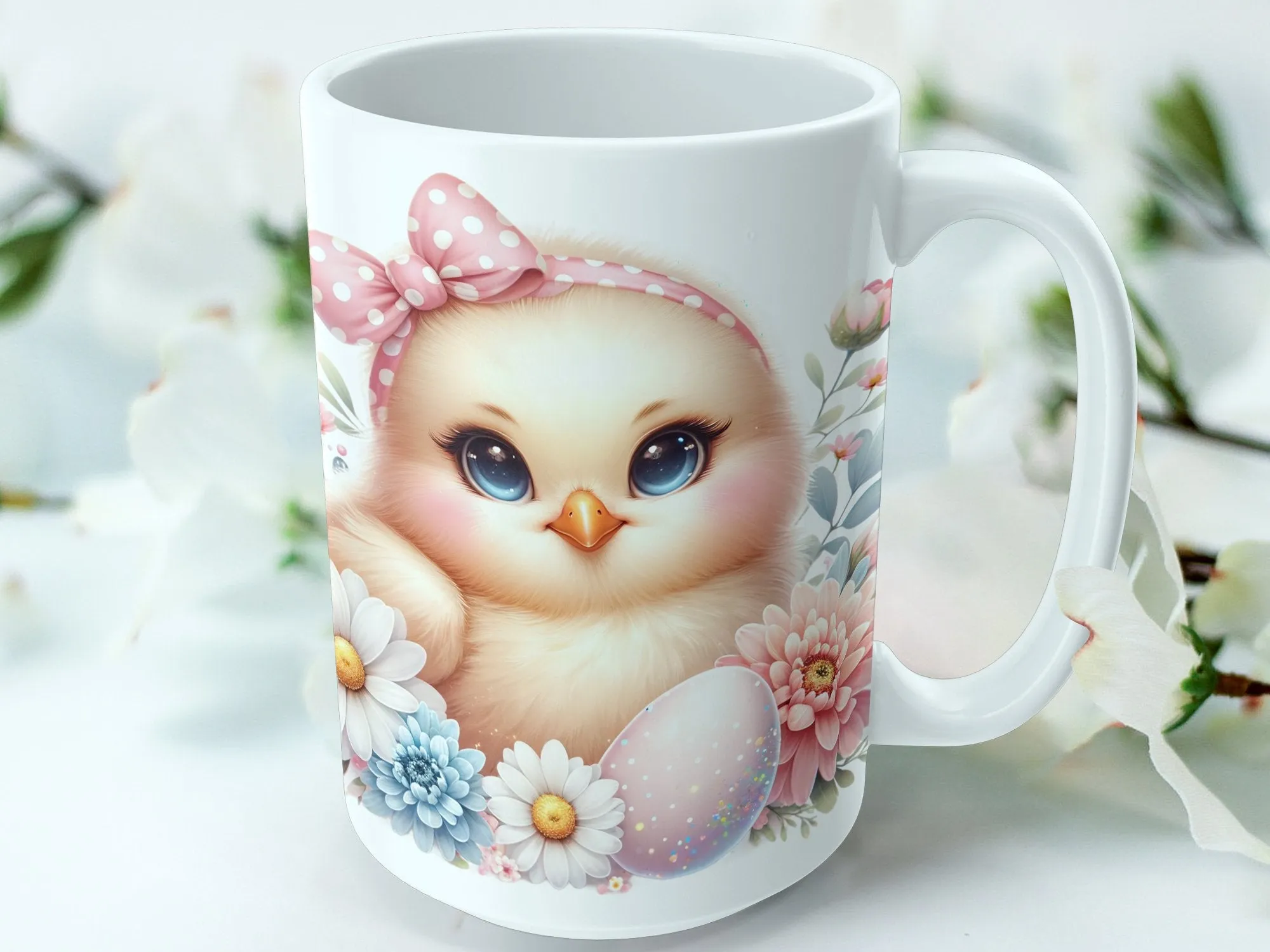 Cute Chick Mug, Spring Flowers and Polka Dot Egg Coffee Cup, Easter Gift, Pink Bow Chickadee