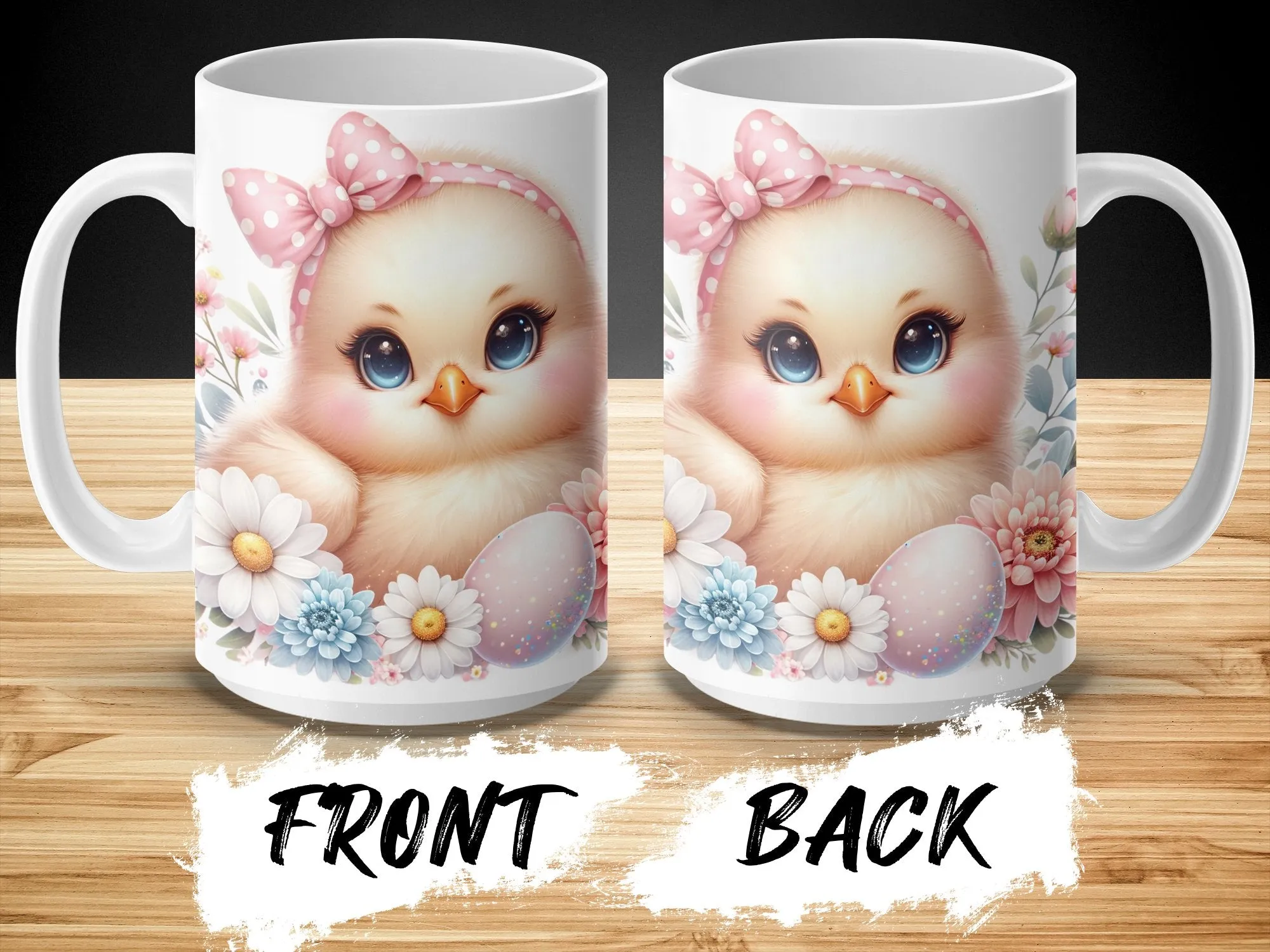 Cute Chick Mug, Spring Flowers and Polka Dot Egg Coffee Cup, Easter Gift, Pink Bow Chickadee