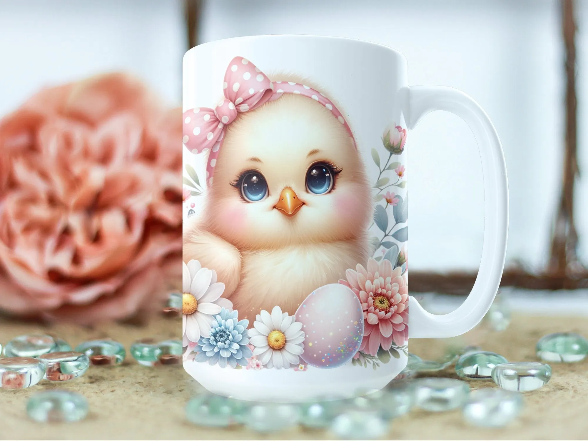 Cute Chick Mug, Spring Flowers and Polka Dot Egg Coffee Cup, Easter Gift, Pink Bow Chickadee