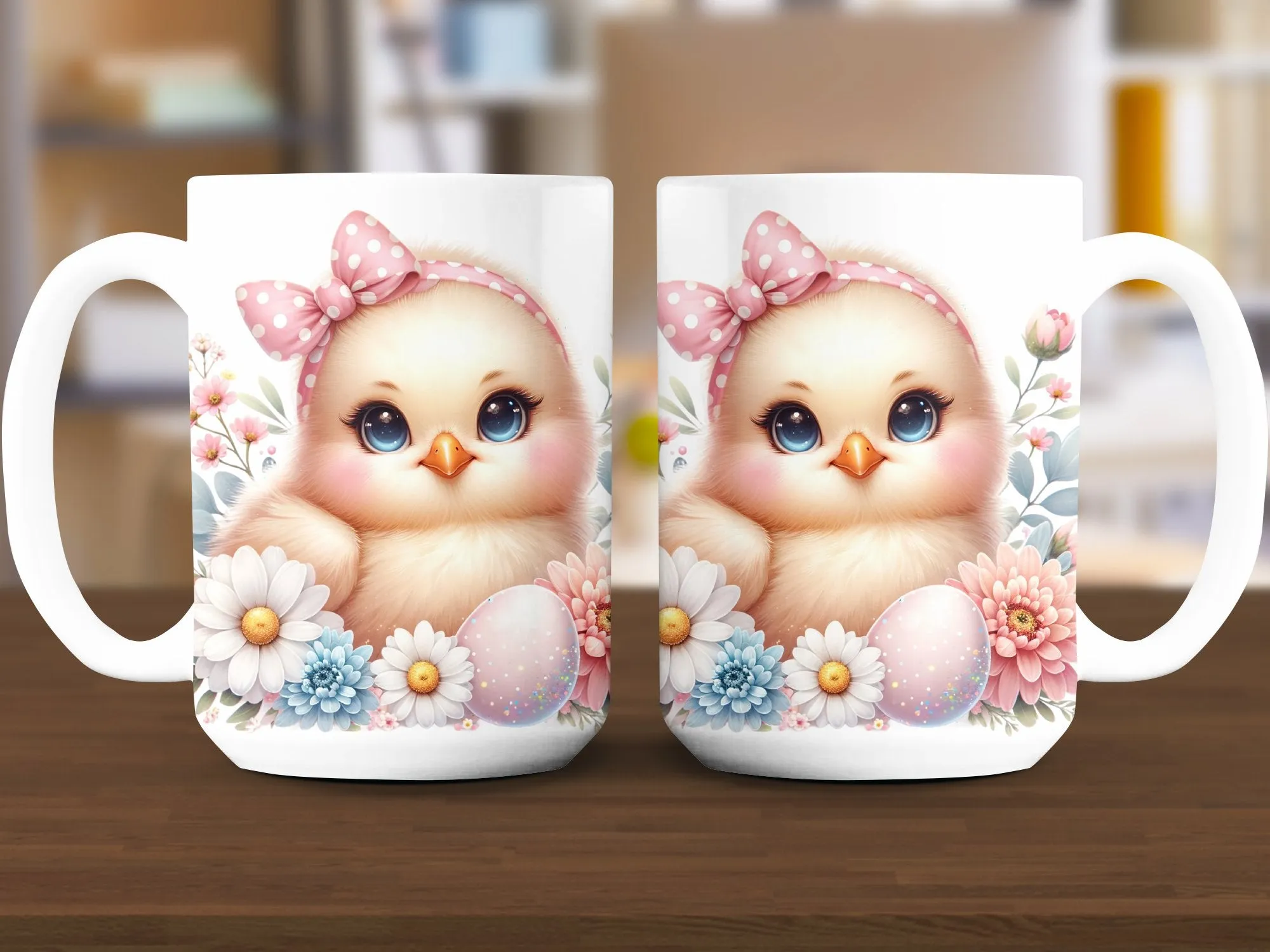 Cute Chick Mug, Spring Flowers and Polka Dot Egg Coffee Cup, Easter Gift, Pink Bow Chickadee