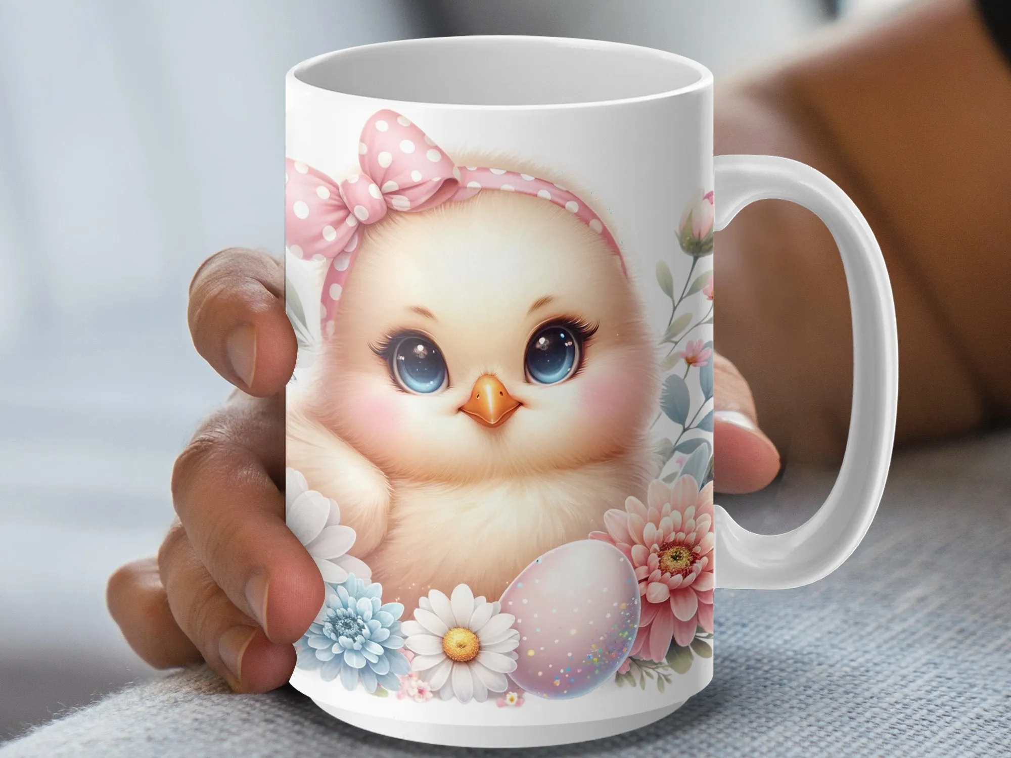 Cute Chick Mug, Spring Flowers and Polka Dot Egg Coffee Cup, Easter Gift, Pink Bow Chickadee