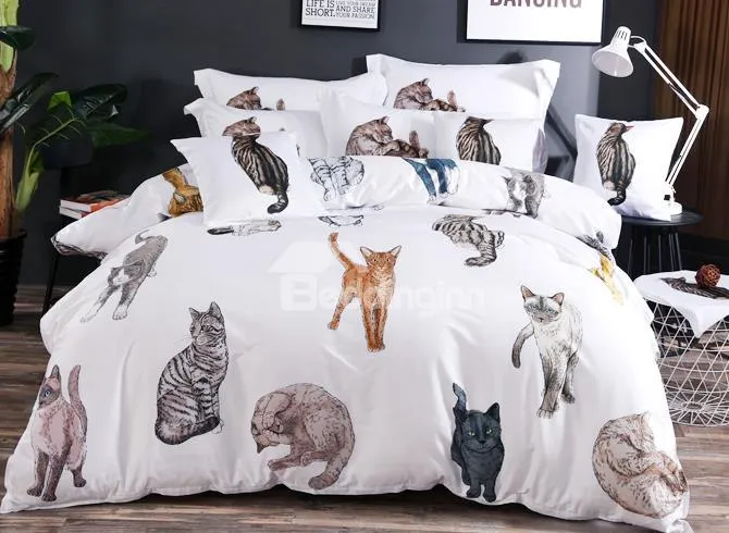 Designer Brocade 3D Cute Cats Luxury White 4-Piece Cotton Bedding Sets