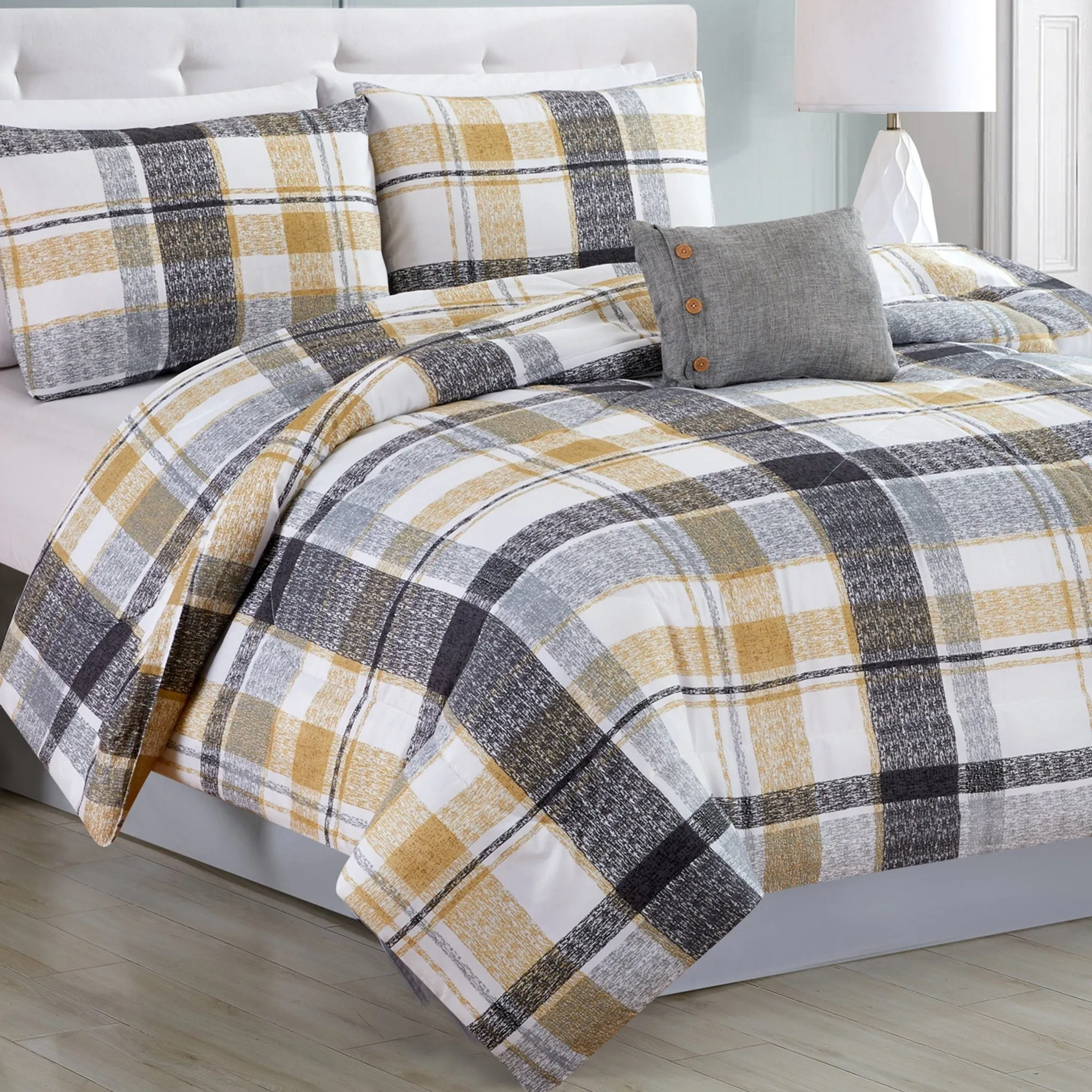 Esterel - 4 Piece Grey Plaid with Yellow Accents Comforter Set