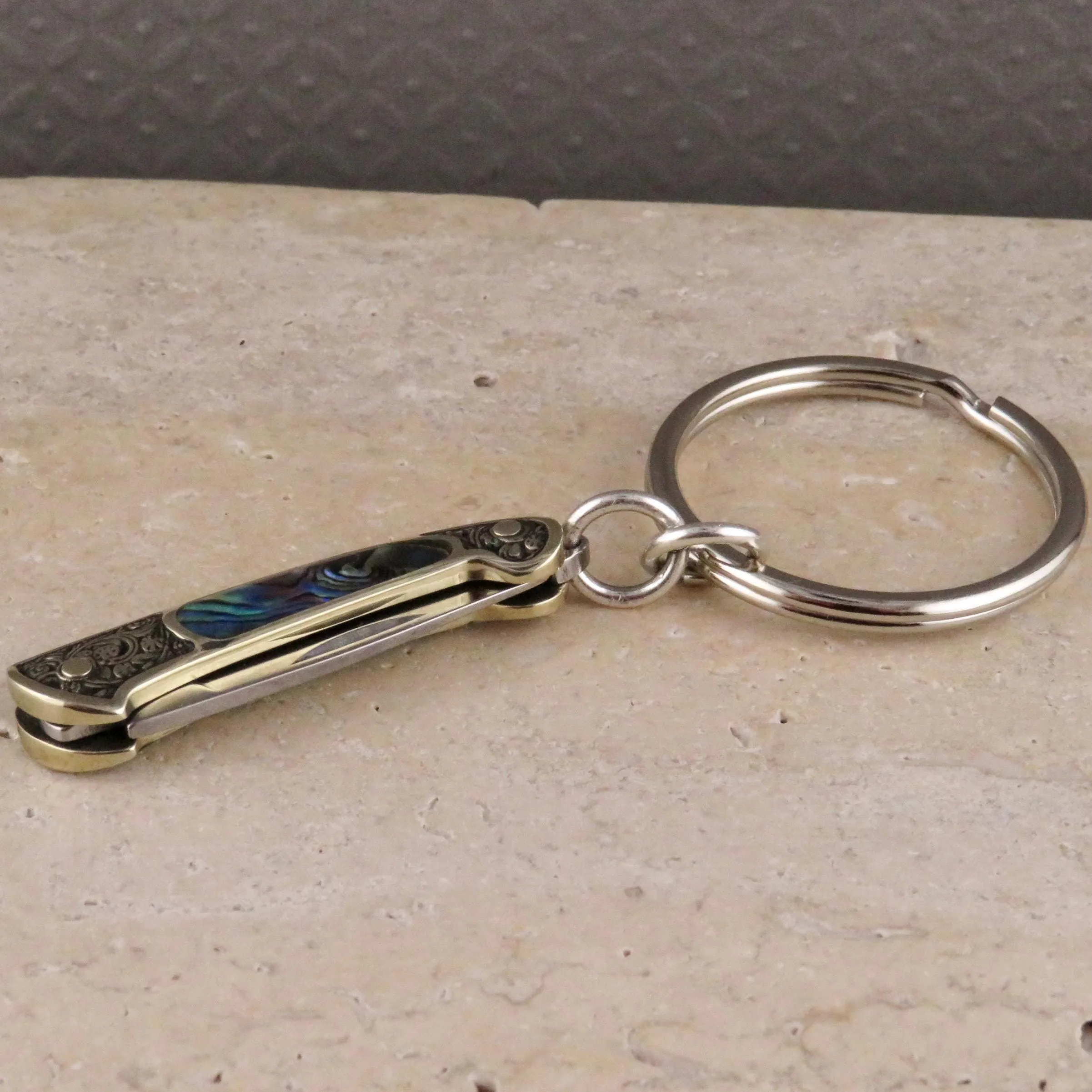 Etched Brass Abalone Knife Keyring