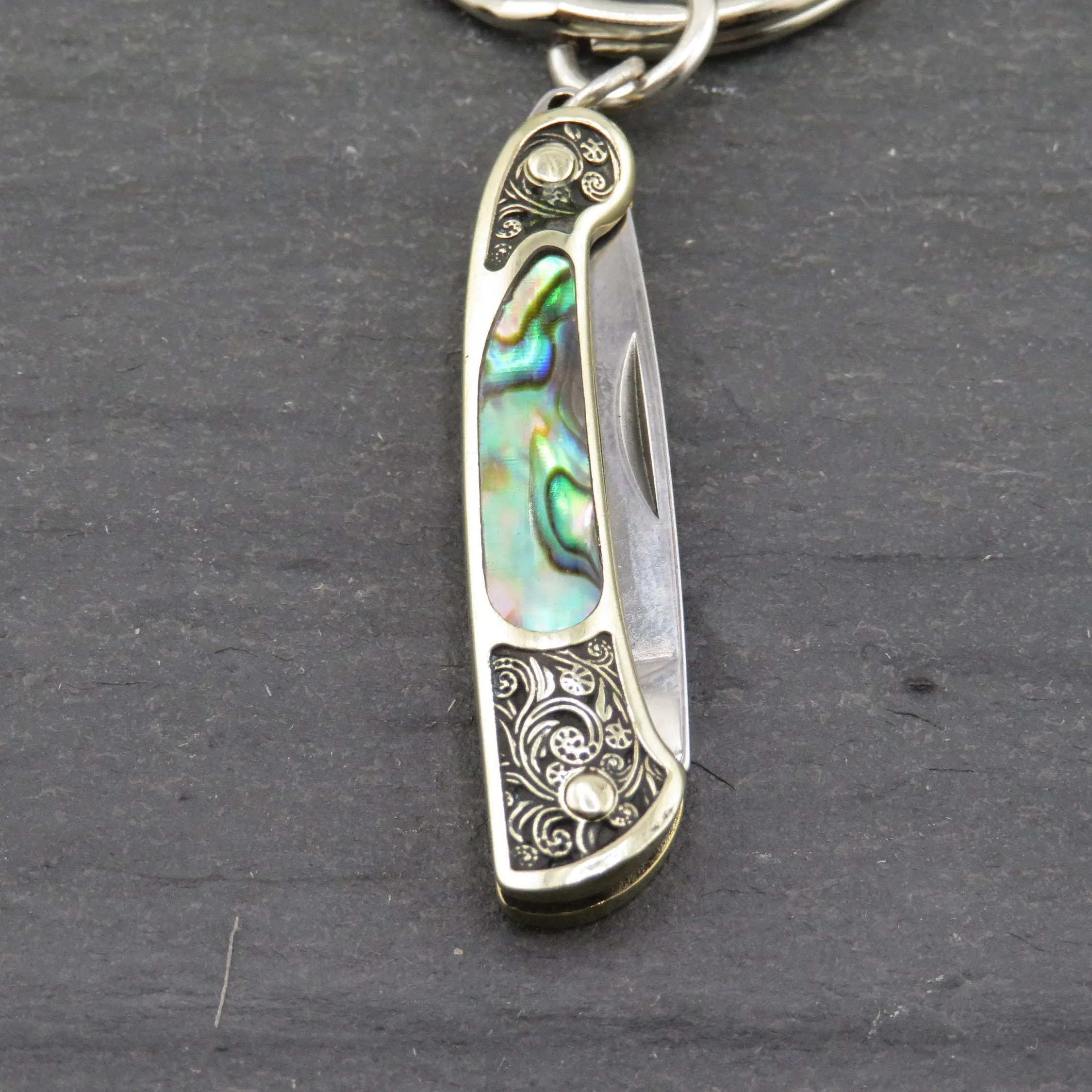 Etched Brass Abalone Knife Keyring