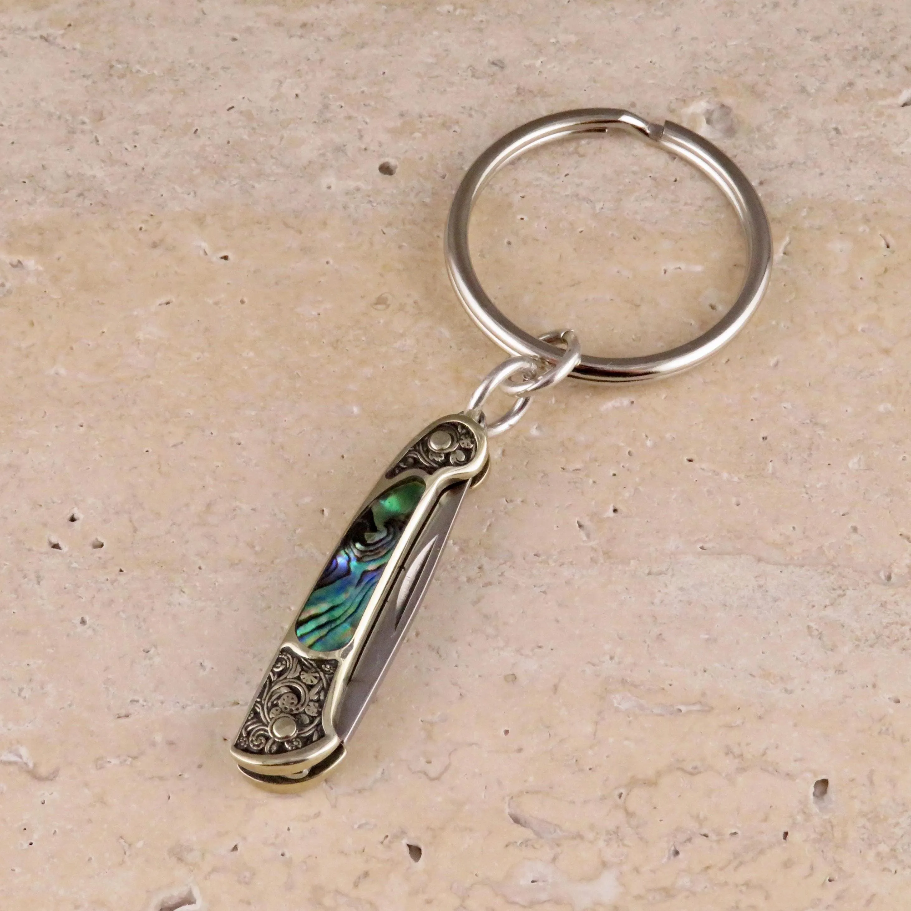 Etched Brass Abalone Knife Keyring