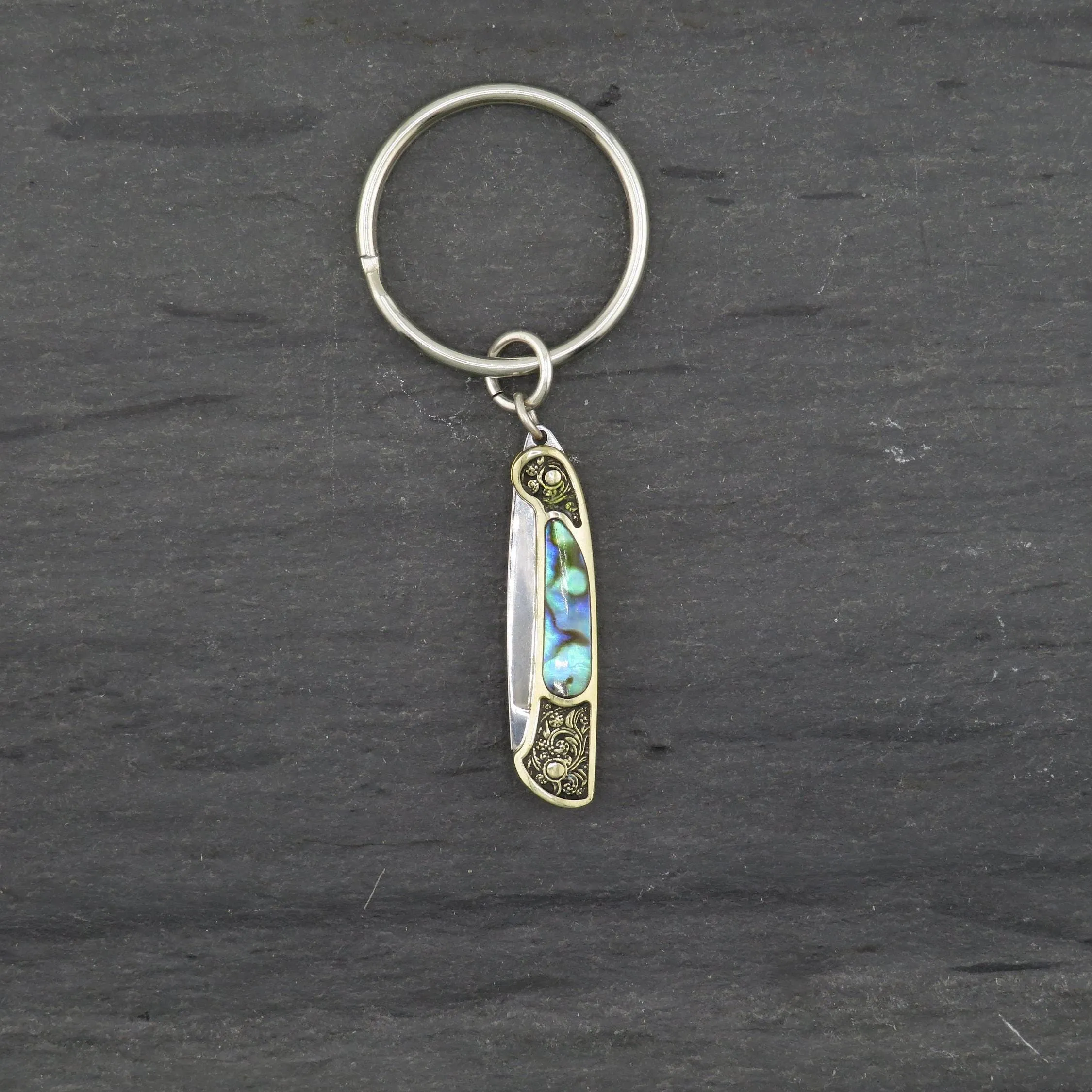 Etched Brass Abalone Knife Keyring