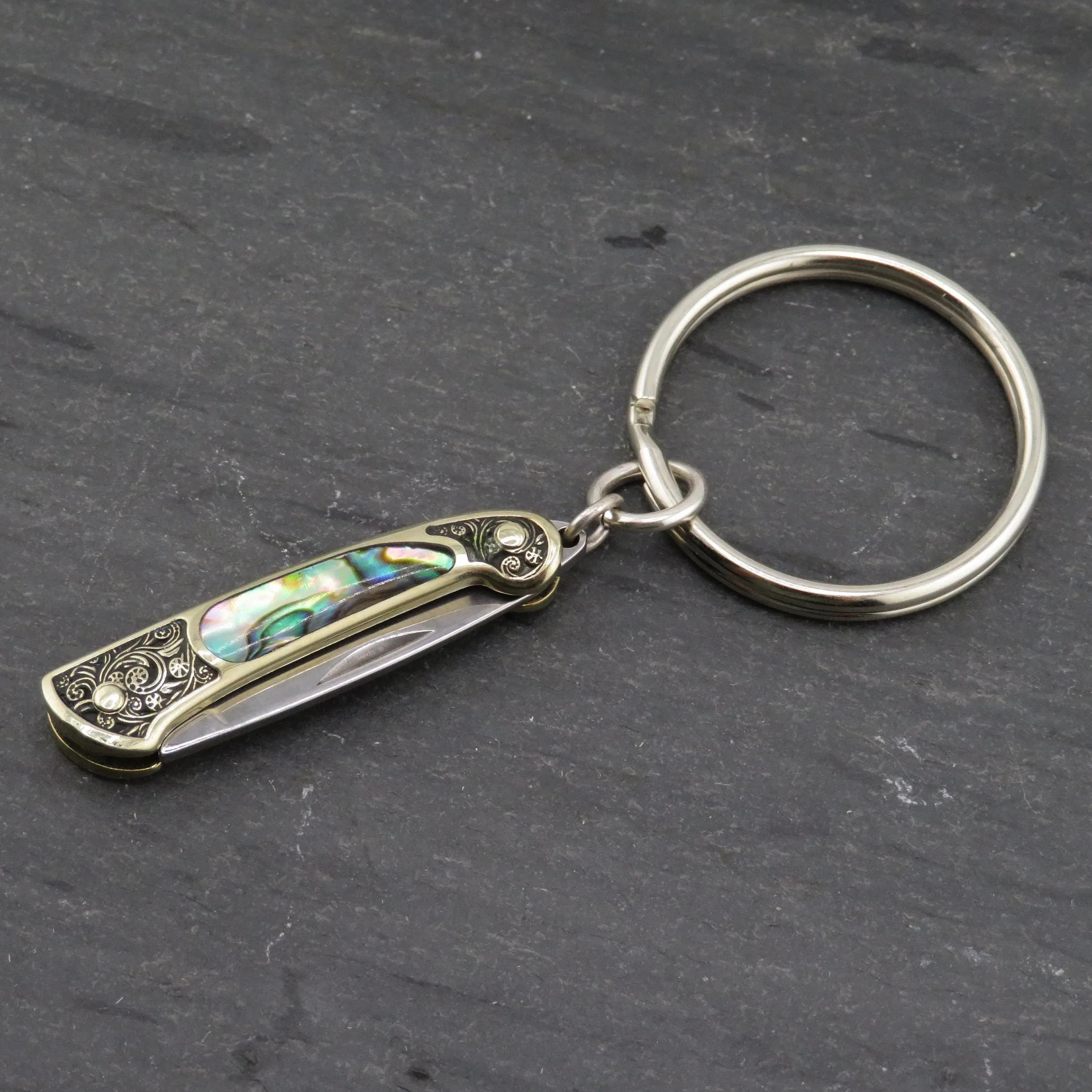 Etched Brass Abalone Knife Keyring