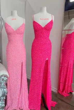 Flattering Mermaid Hot Pink Sequins Long Prom Party Dress With Slit OK1309