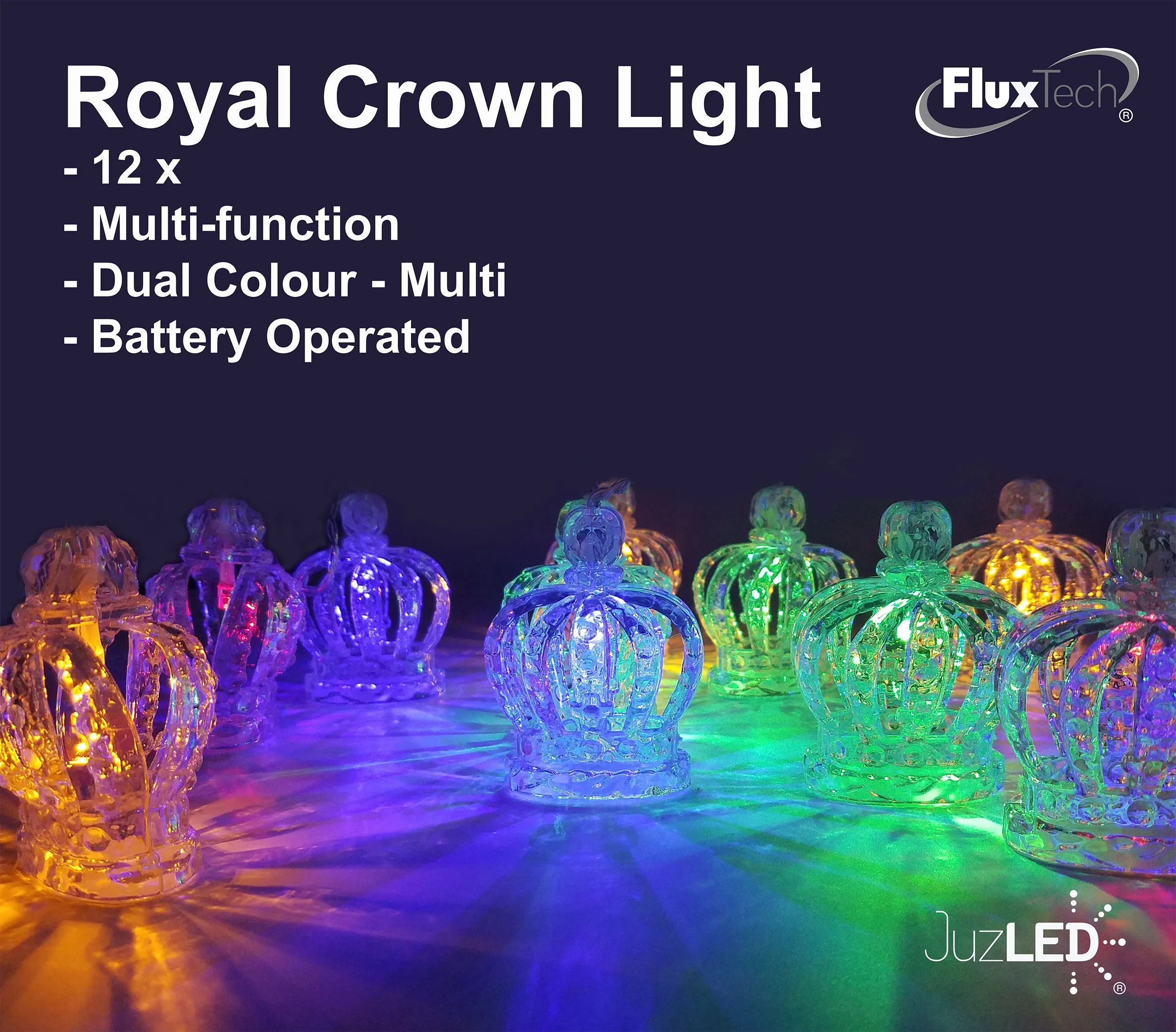 FluxTech - 3D Royal Crown 12 x Dual Colour LED String Lights by JustLED – Multi-function Effect – Timer function - Battery Operated