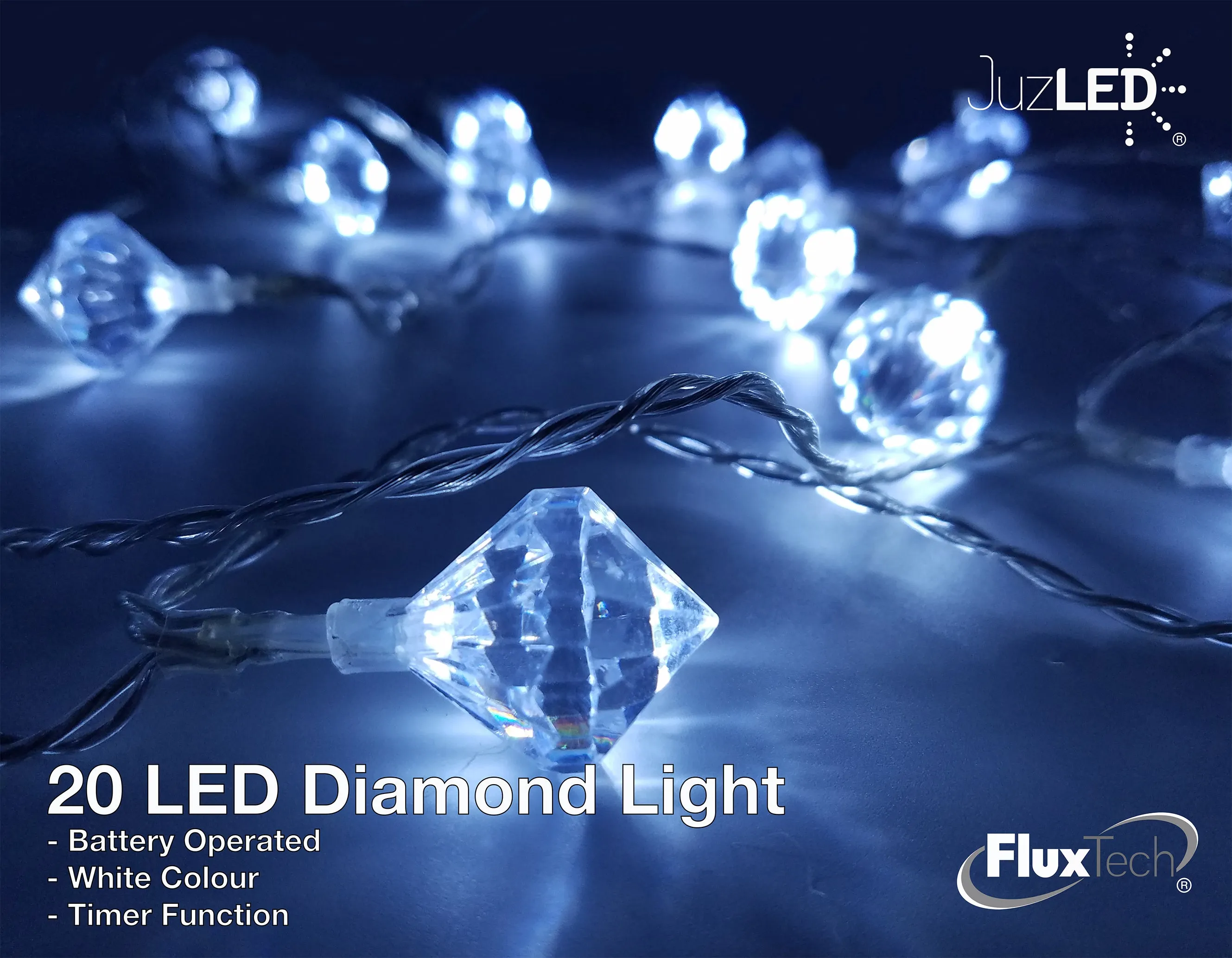 FluxTech - Diamond x 20 Cool White LED Lights by JustLED – Timer function - Battery Operated