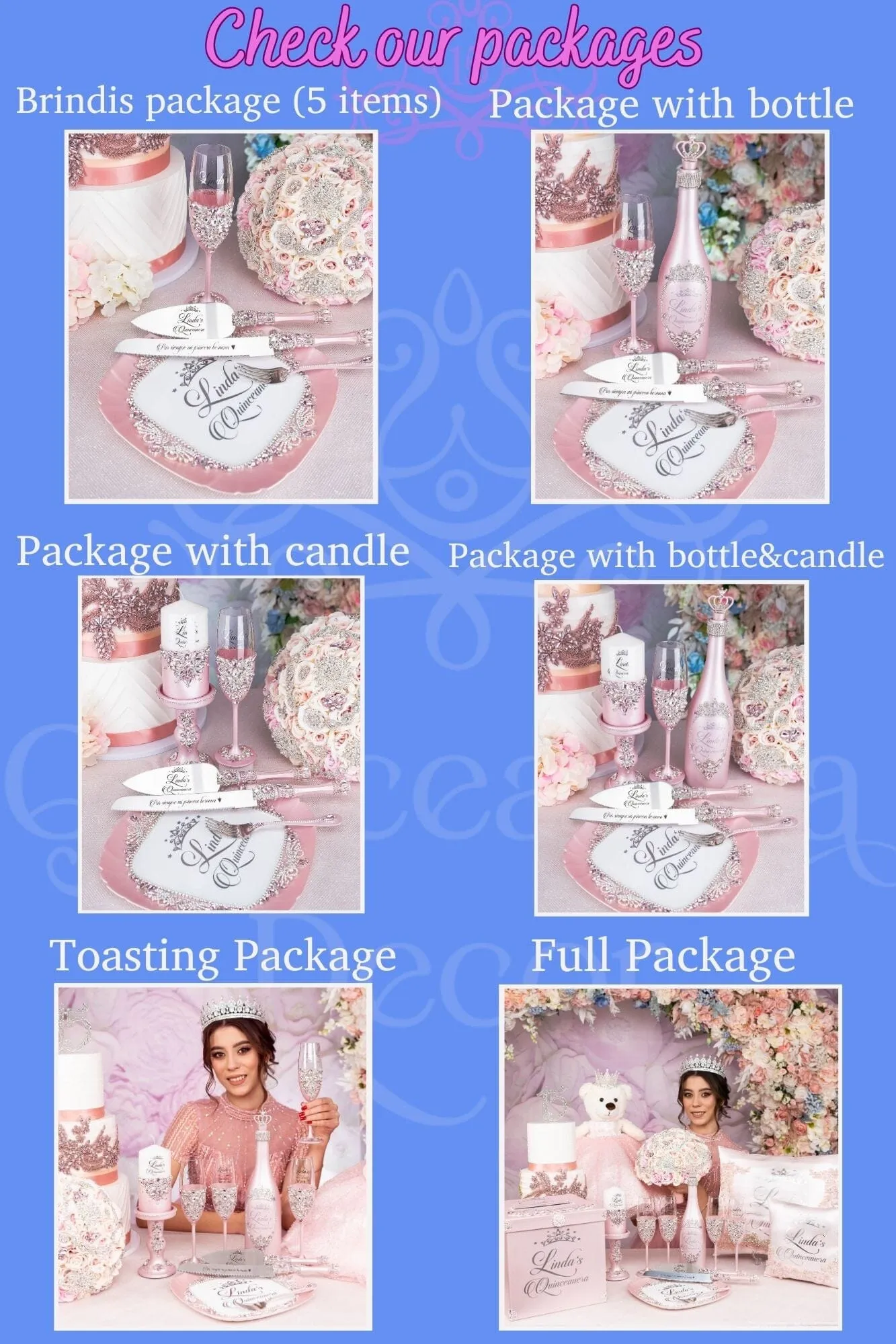 Fuchsia quinceanera brindis package with bottle and candle