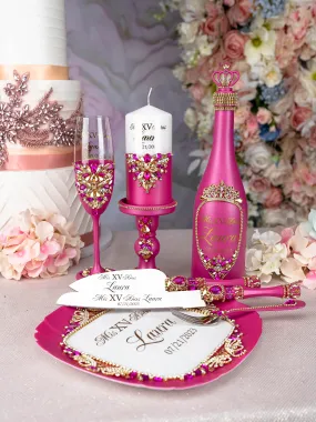 Fuchsia quinceanera brindis package with bottle and candle